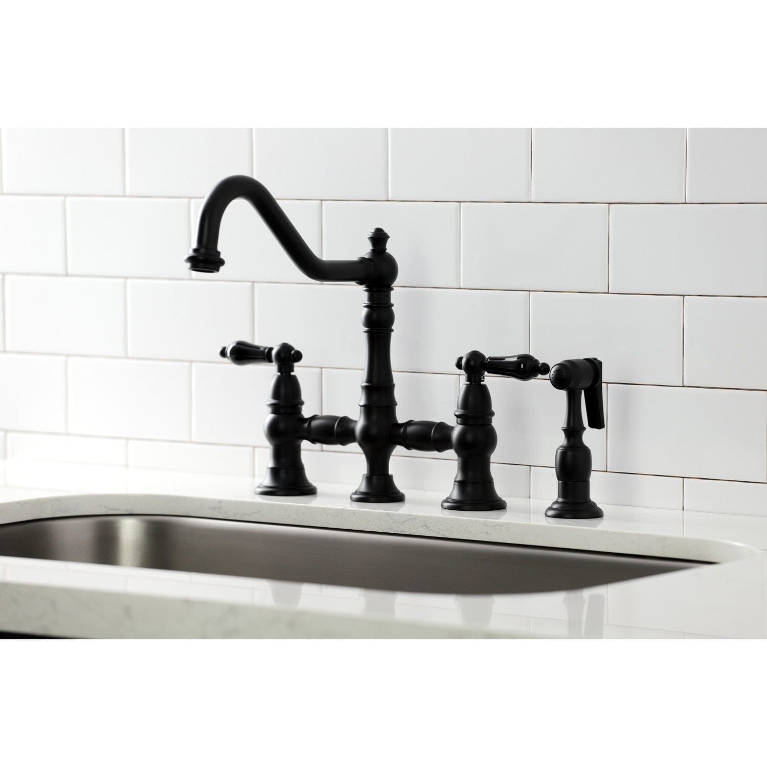 Duchess Two-Handle 4-Hole Deck Mount Bridge Kitchen Faucet with Brass Side Sprayer - Perfect for Farmhouse, Vintage, and Industrial Style Kitchens