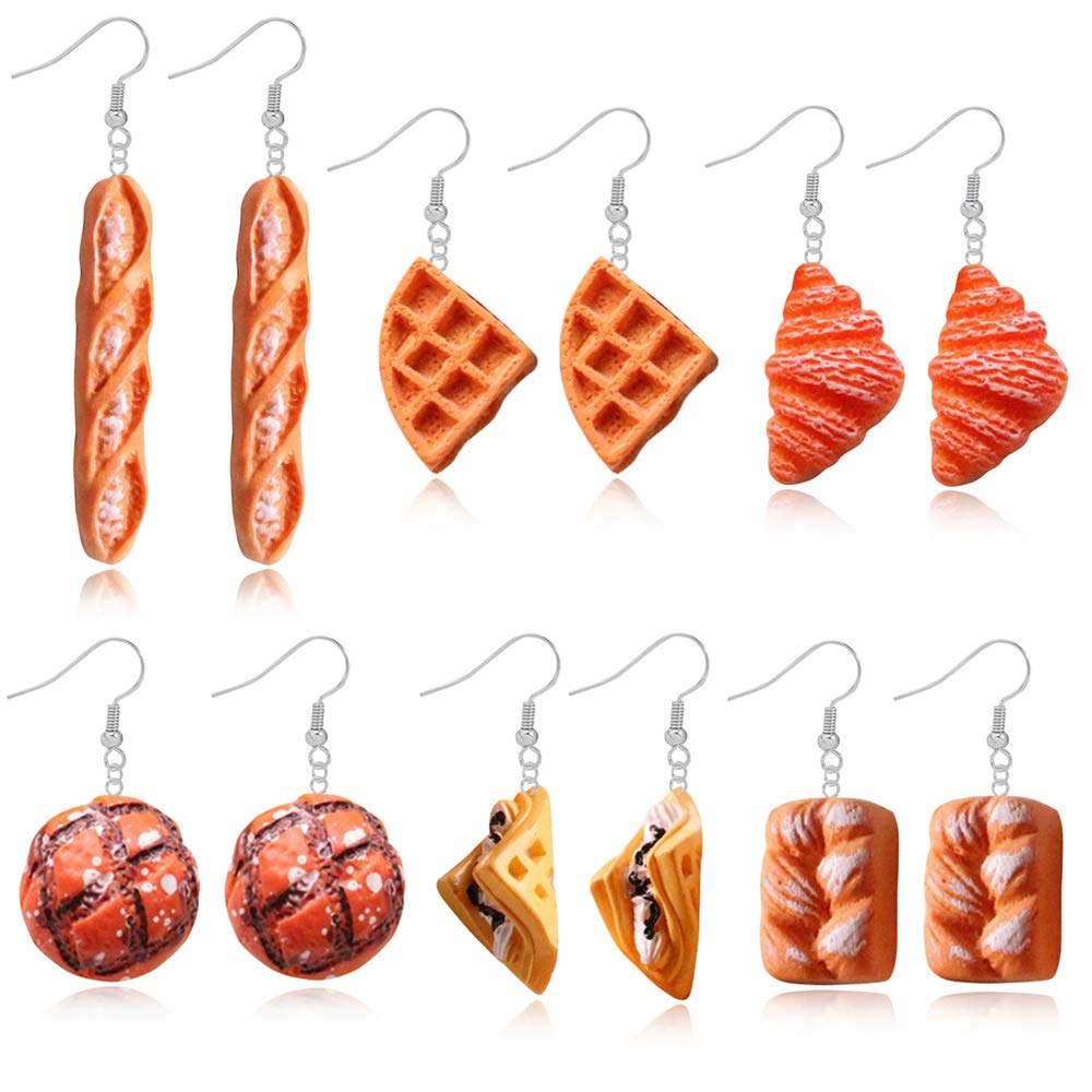 DAMLENG 6 Pairs Handmade Croissant French Bread Toast Drop Earrings - Cute Unique Baguette Dangle Earrings Set for Women - Yellow Food Simulation Jewelry - Perfect for Cosplay, Gift Giving & Fashion Accessories