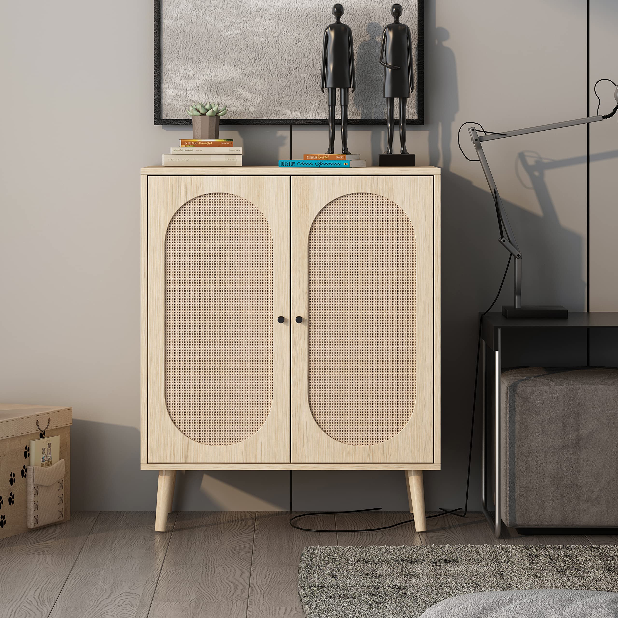 QHITTY Natural Rattan Sideboard Buffet Cabinet with Adjustable Shelves, Versatile Kitchen Storage & Accent Console Table for Living Room, Dining Room, Bedroom, Home Office & Entryway