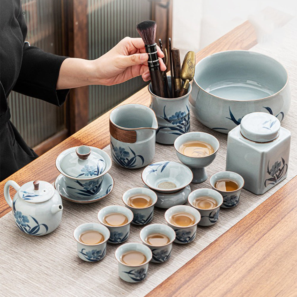 Exquisite Chinese Hand-Painted Orchid Tea Set - Porcelain Tea Cups & Pot - Perfect for Afternoon Tea, Gifts, and Home Decor