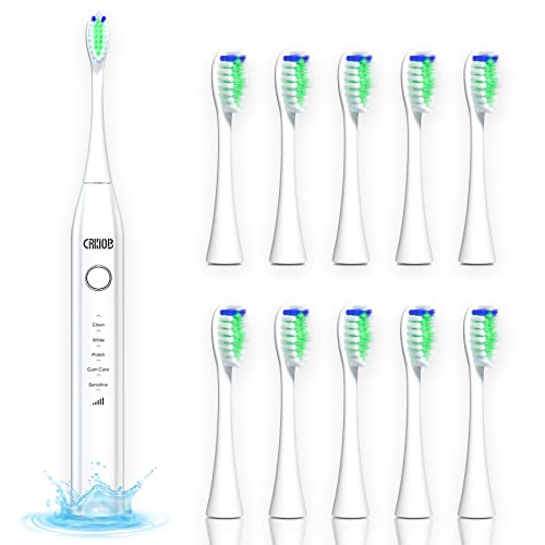 CRKIOB C1 Rechargeable Electric Toothbrush for Adults & Kids - 5 Cleaning Modes, 3 Intensity Levels with 10 Replacement Brush Heads - Waterproof Sonic Toothbrush (White) - Perfect for Travel, Home & Family Oral Care