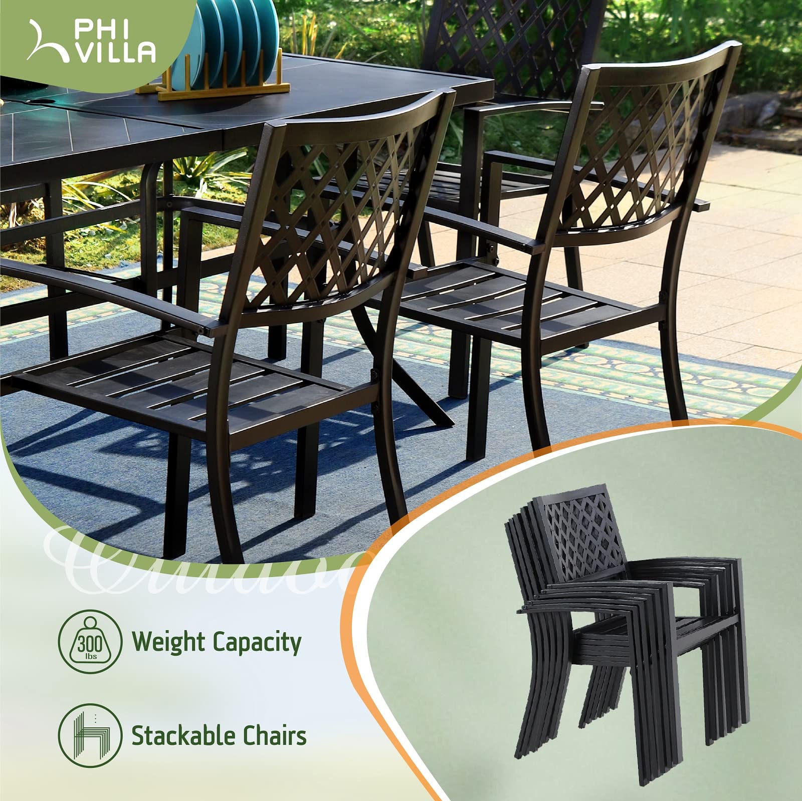 PHI VILLA Stackable Black Metal Outdoor Patio Chairs - Set of 2 Heavy Duty Wrought Iron Dining Chairs with Armrests 300 lbs Weight Capacity - Perfect for Backyard, Garden, Restaurant, Bistro & Outdoor Dining Areas