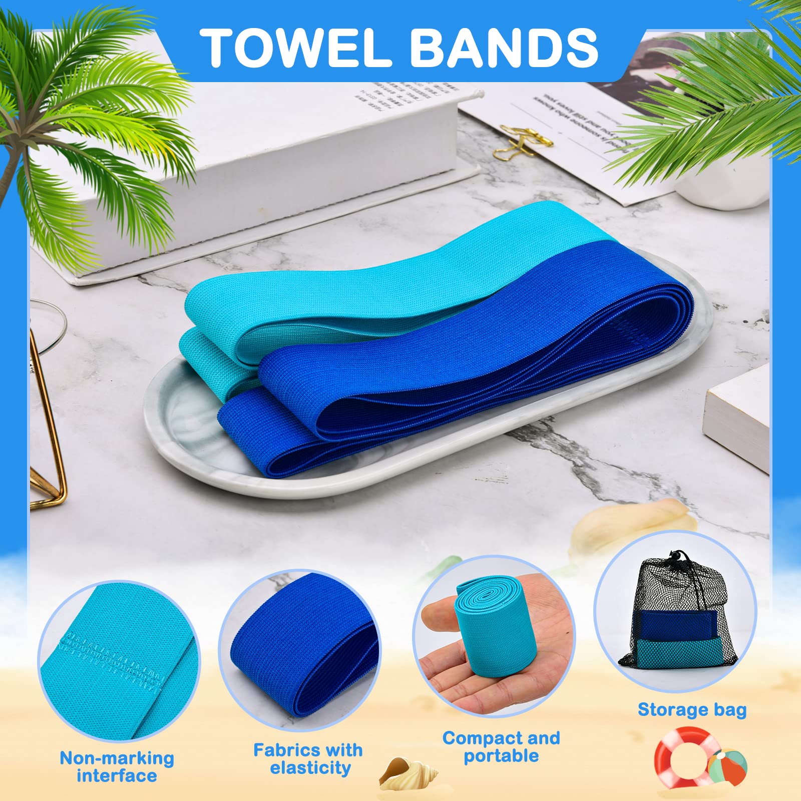 4 Pack Premium Towel Bands for Beach, Pool & Cruise Chairs - Strong Towel Clips & Holders for Securing Beach Towels - Perfect for Vacation, Swimming & Outdoor Relaxation