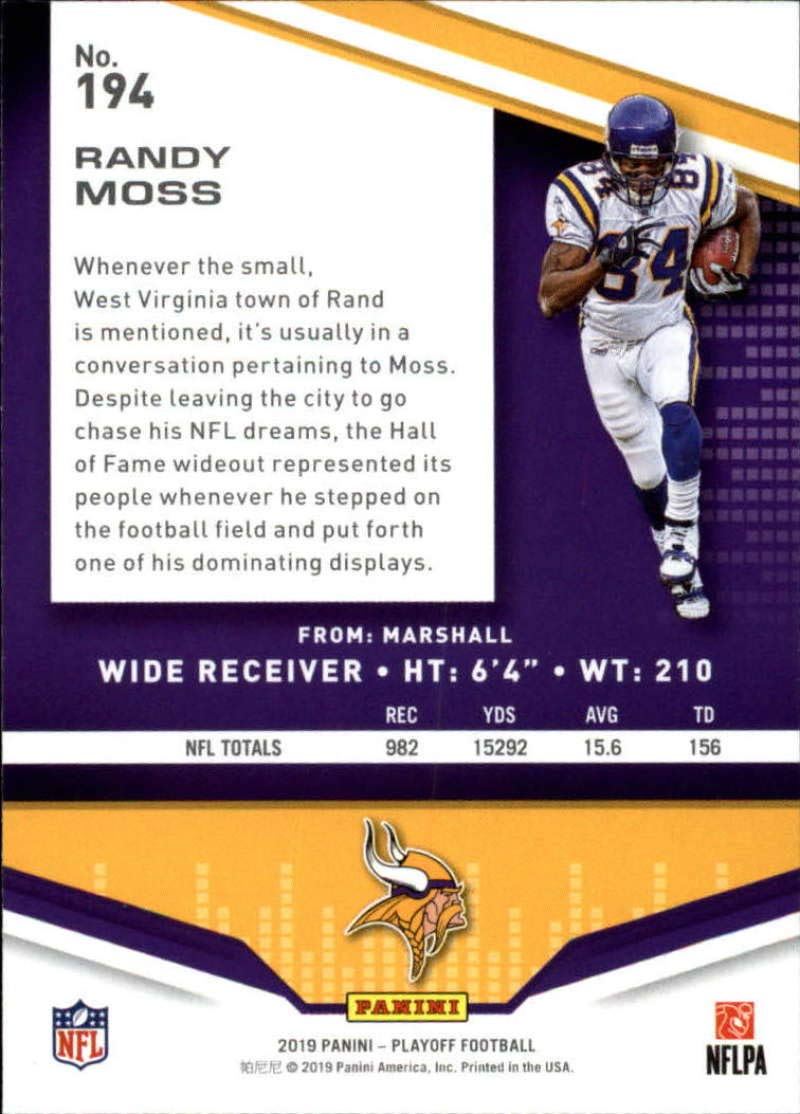 2019 Panini NFL Playoff Football Trading Card #194 Randy Moss Minnesota Vikings - Collectible Sports Memorabilia for Fans and Card Enthusiasts