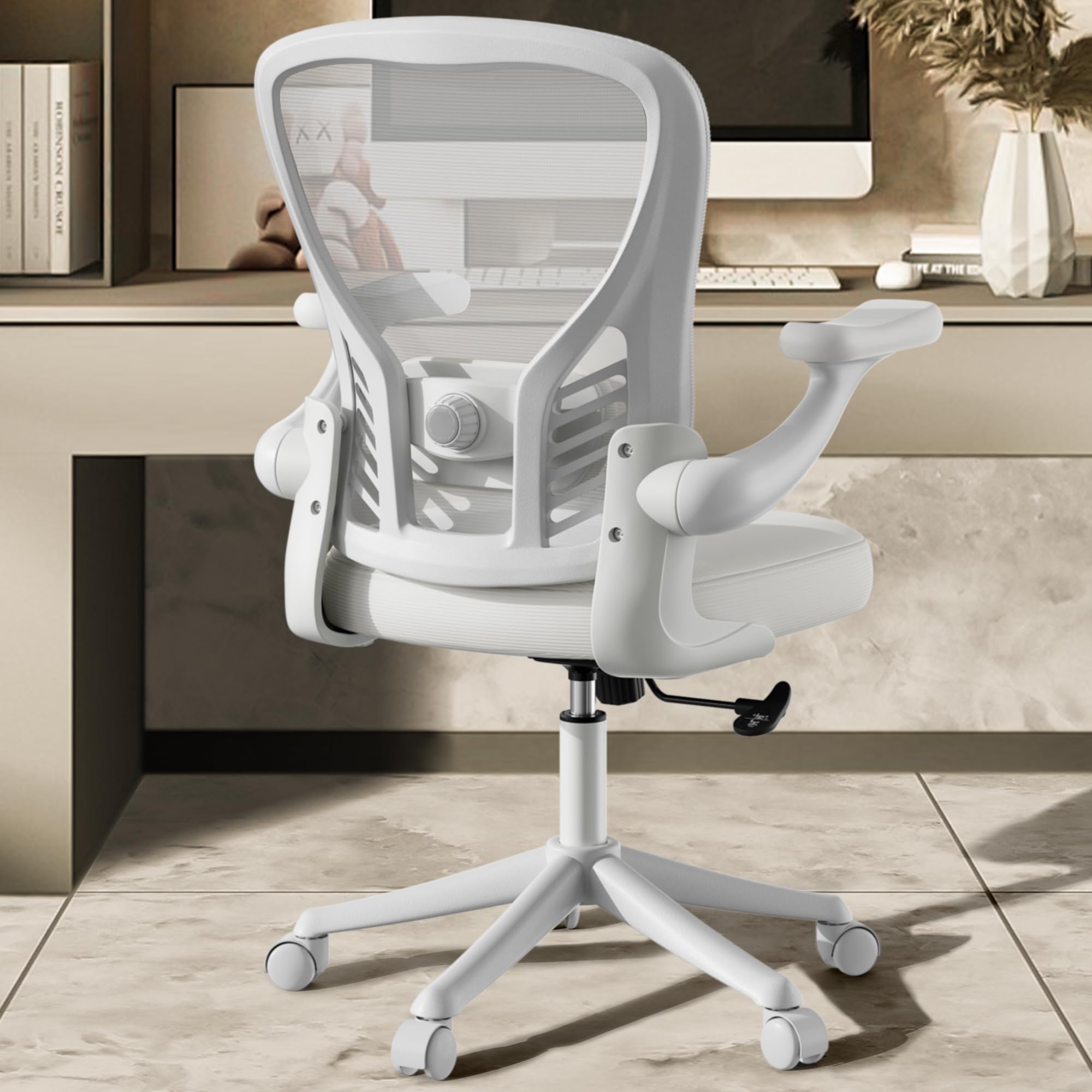 Ergonomic Mesh Office Chair with Wheels & Flip-Up Arms - Adjustable Lumbar Support Swivel Desk Chair for Home & Office - White - Perfect for Long Work Hours, Gaming & Study Sessions