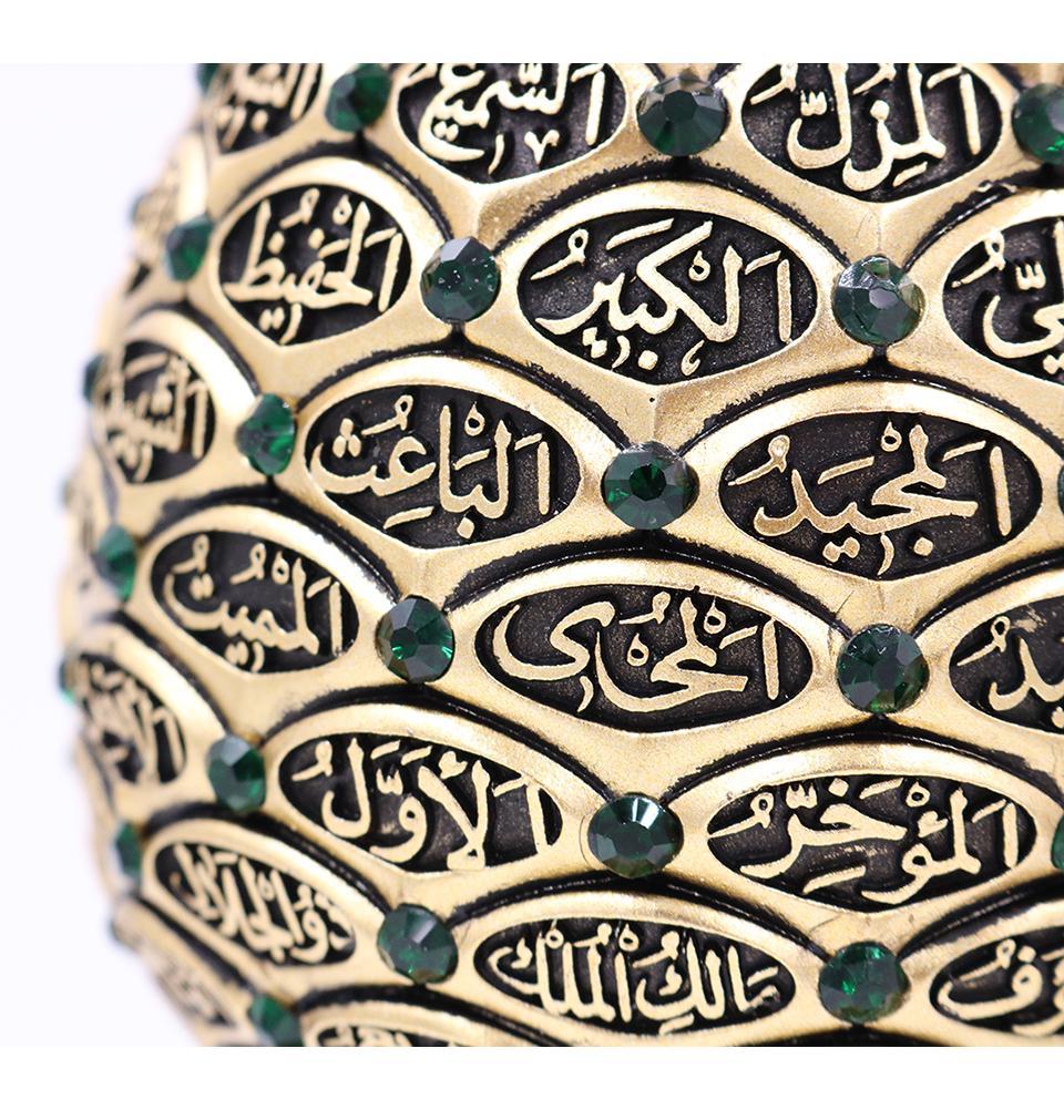 99 Names of Allah Islamic Table Decor - Golden & Green Egg-Shaped Home Decoration for Ramadan, Eid, Muslim Wedding & Prayer Room Decor