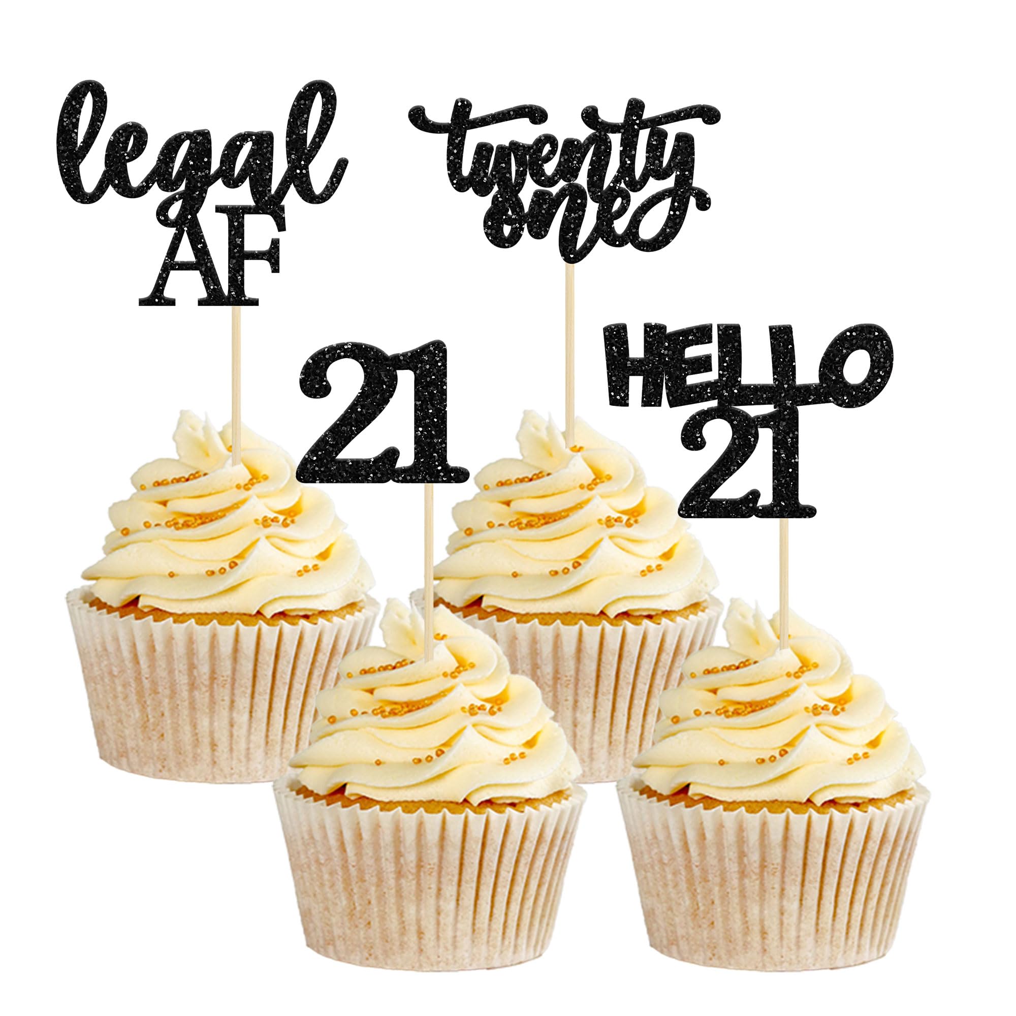 24Pcs Black Glitter 21st Birthday Cupcake Toppers - Legal Age Cake Decorations for 21st Birthday Party, Hello 21 Cupcake Picks - Perfect for Birthday Cakes, Cupcakes and Dessert Table Decorations