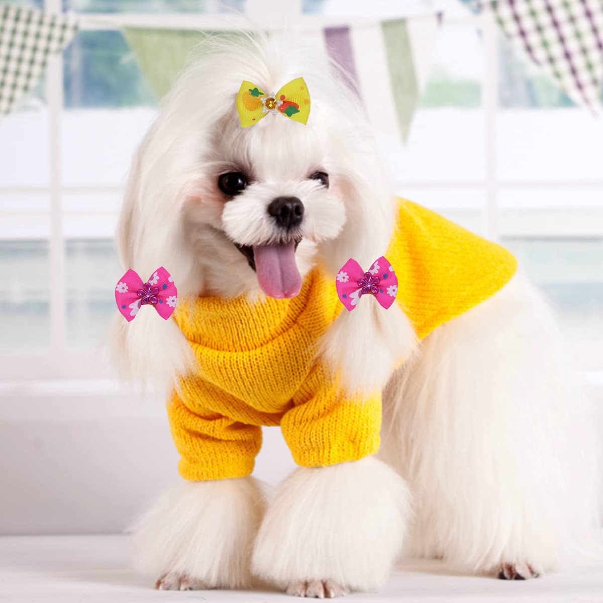 Wepetyo 100pcs Dog Hair Bows with Rhinestones - Mixed Colors for Puppy Topknot & Grooming