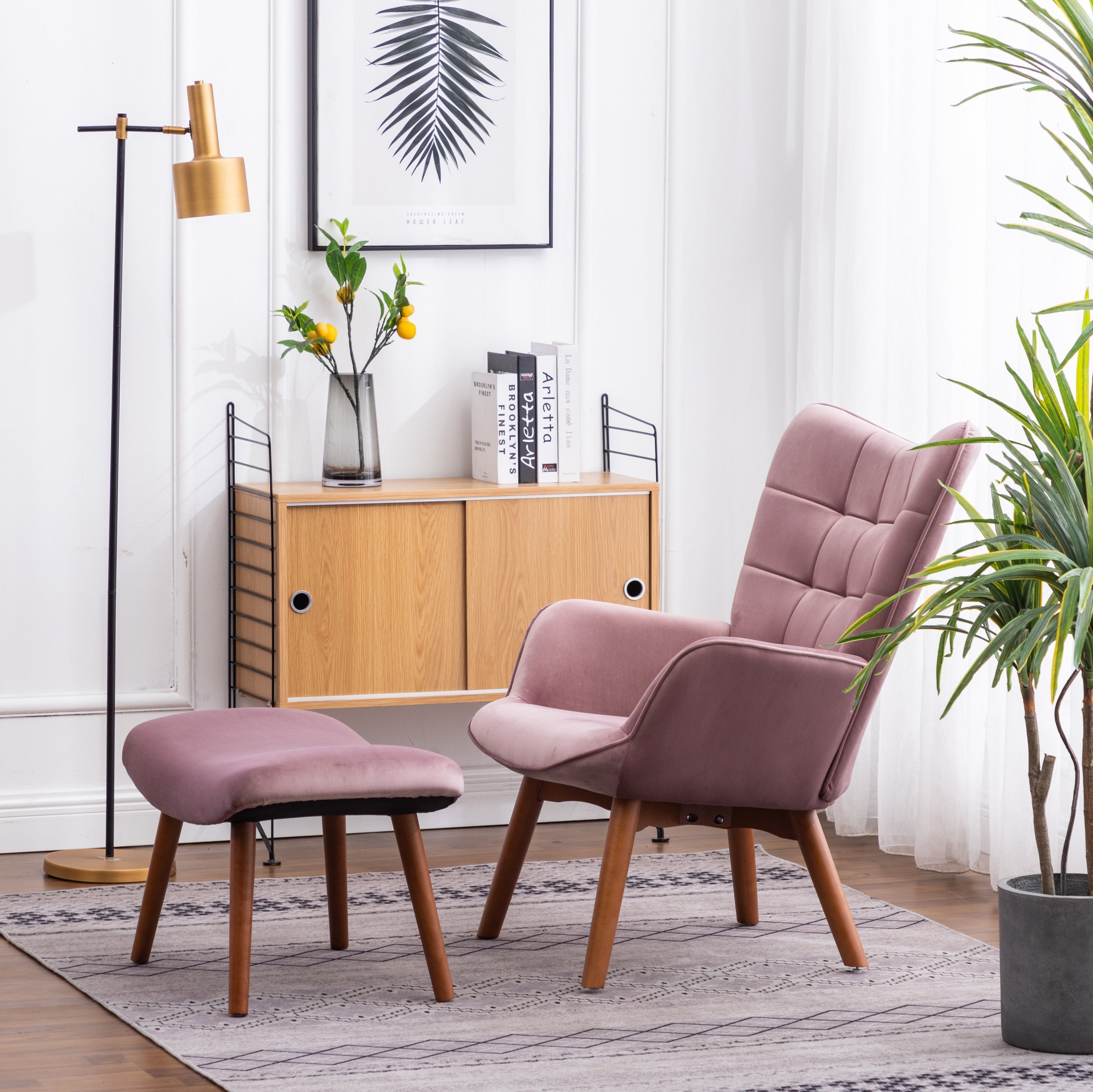Roundhill Furniture Leiria Contemporary Silky Velvet Tufted Accent Chair with Ottoman in Mauve - Stylish Living Room Seating for Home Office, Bedroom or Lounge Decor