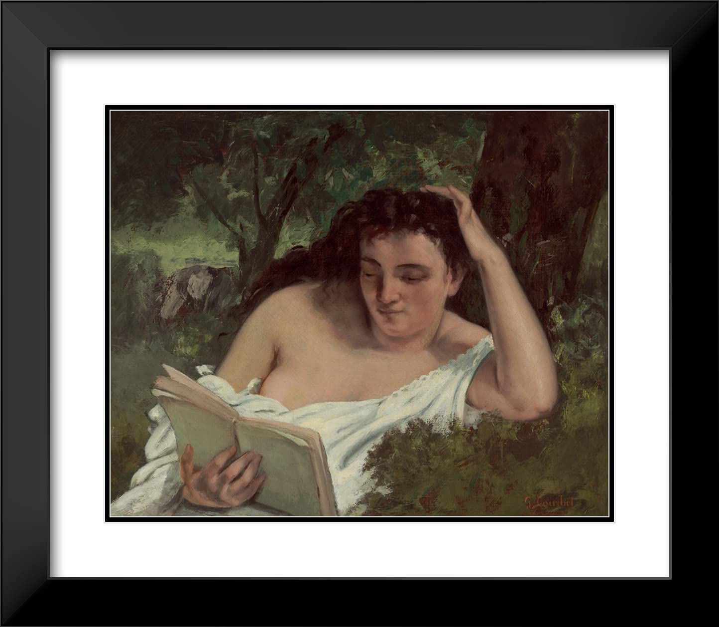Gustave Courbet 'Young Woman Reading' 23x20 Black Modern Framed Art Print with Double Matting - Perfect for Living Room, Bedroom & Office Decor