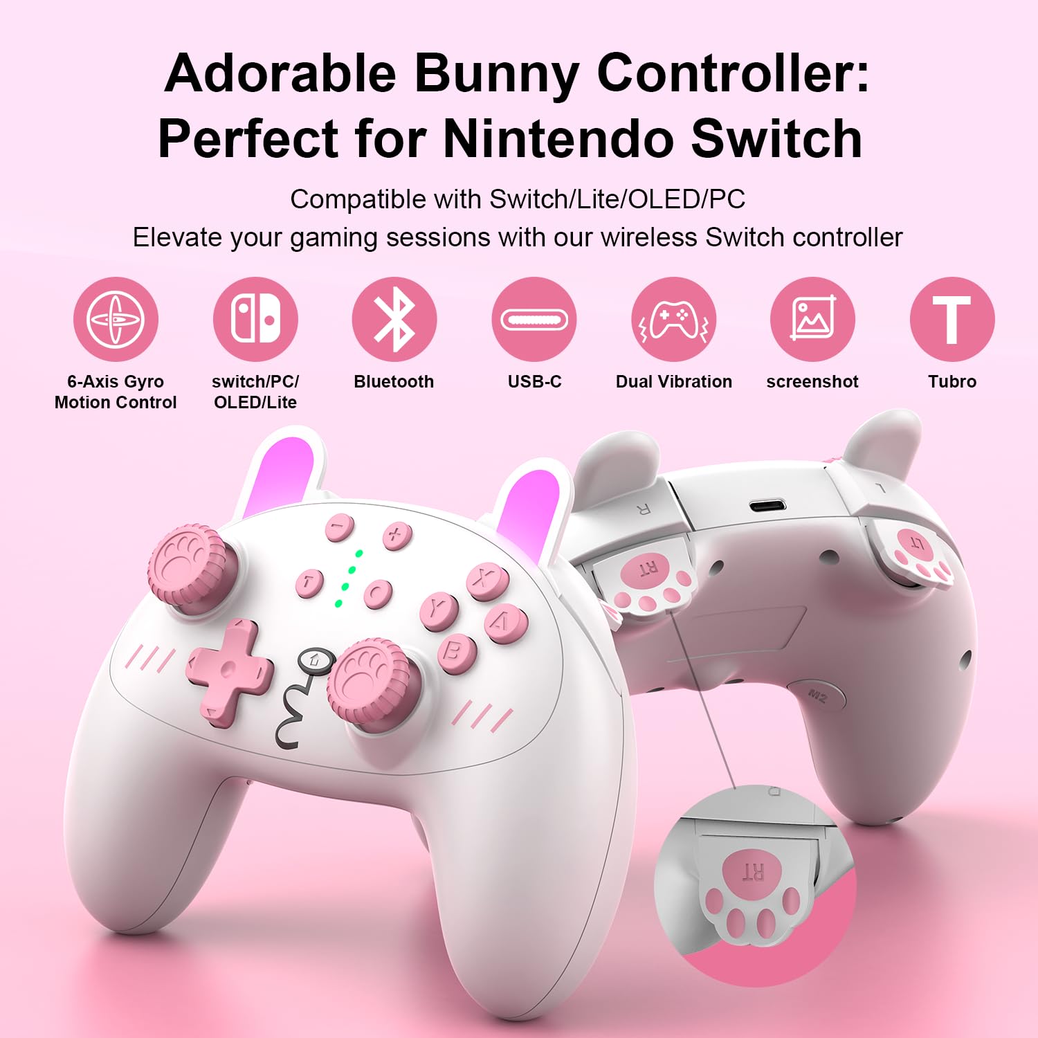 KINGEAR Wireless Switch Pro Controller for Nintendo Switch OLED, Switch Lite & PC - Turbo Function, 6-Axis Gyro, Vibration & Cute Pink Rabbit Design - Perfect for Gaming, Streaming & Multiplayer Sessions
