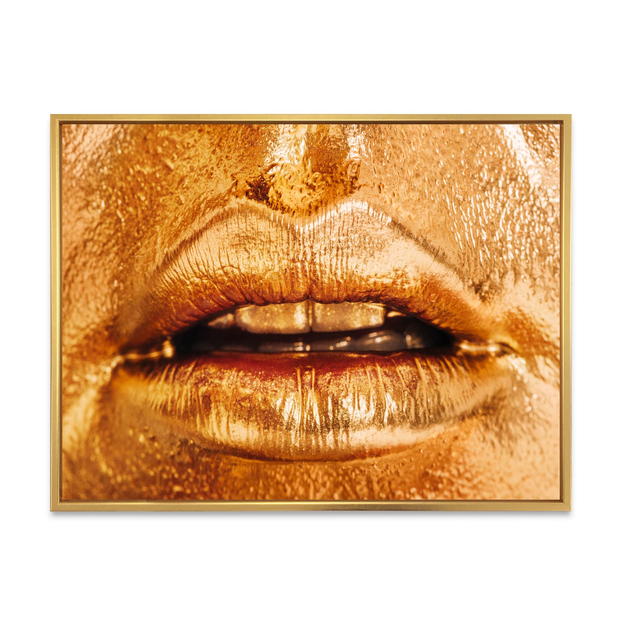 DesignQ Golden Lip Makeup Art - Modern Framed Canvas Wall Decor for Living Room, Bedroom & Office - Elegant Home Decor Gift Idea
