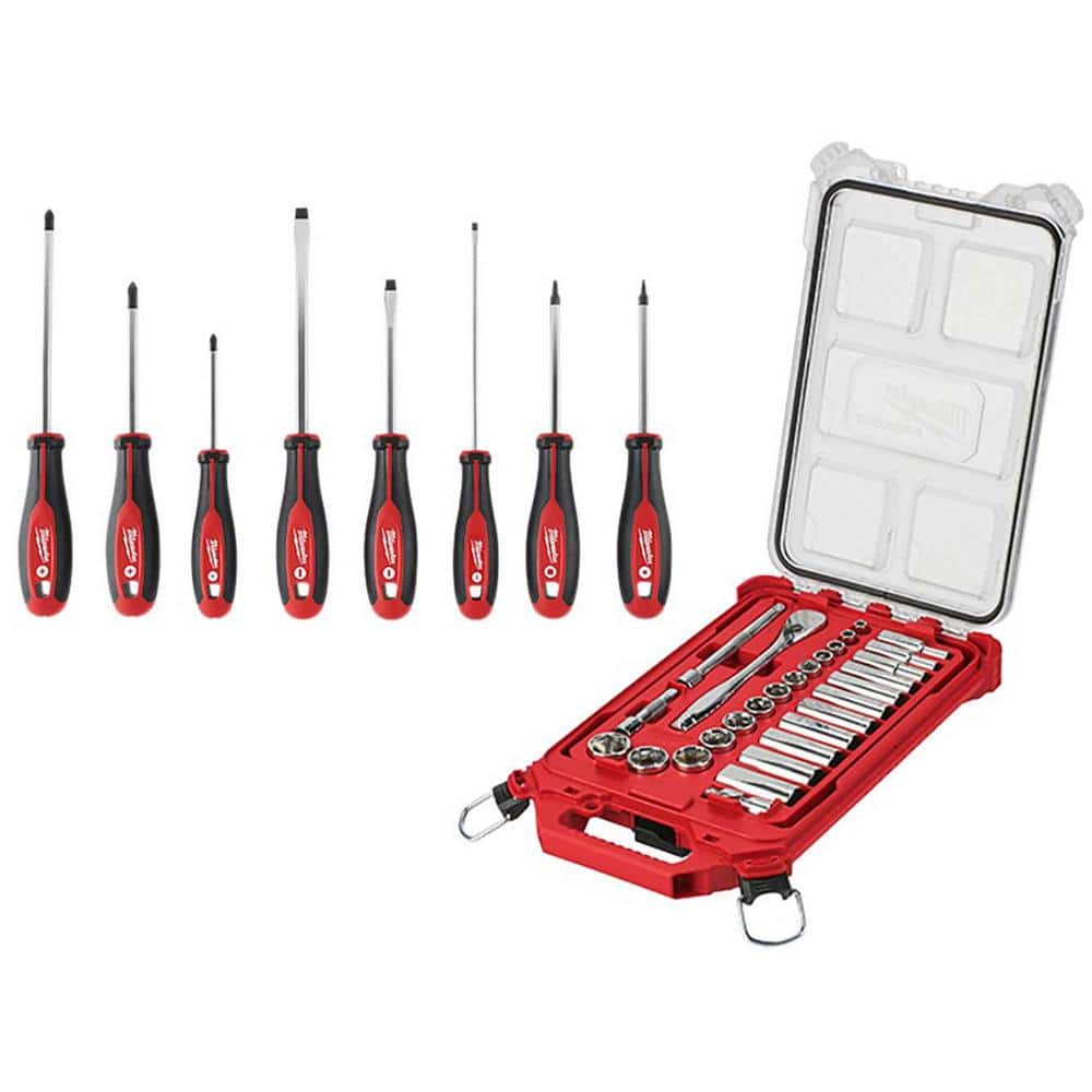 3/8 in. Drive SAE Ratchet and Socket Mechanics Tool Set (28 Piece) with Packout Case & 8-Piece Screwdriver Set - Professional Auto Repair, Home Improvement, and DIY Projects