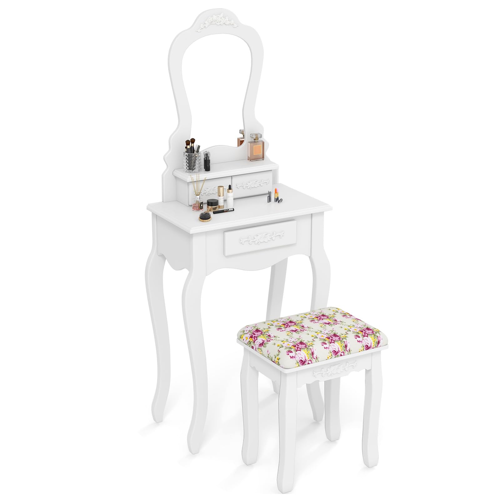 Vintage Wooden Makeup Vanity with Mirror & Stool - 3 Drawers, 50x30x136cm - Perfect for Bedroom & Dressing Room