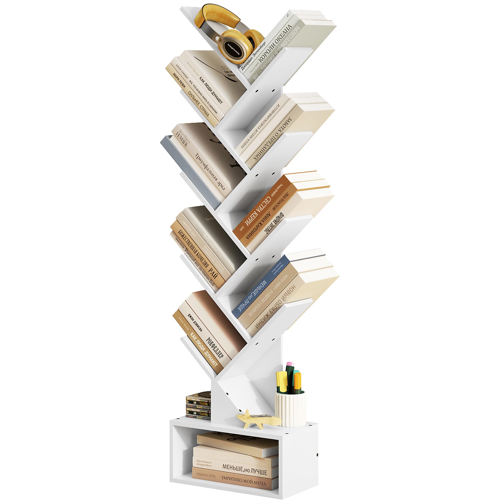 Tajsoon 9 Tier Tree Bookcase with Drawer - Wooden Bookshelf Organizer for CDs, Books, Movies - Storage Rack for Bedroom, Living Room & Home Office - White - Perfect for Small Spaces & Book Lovers