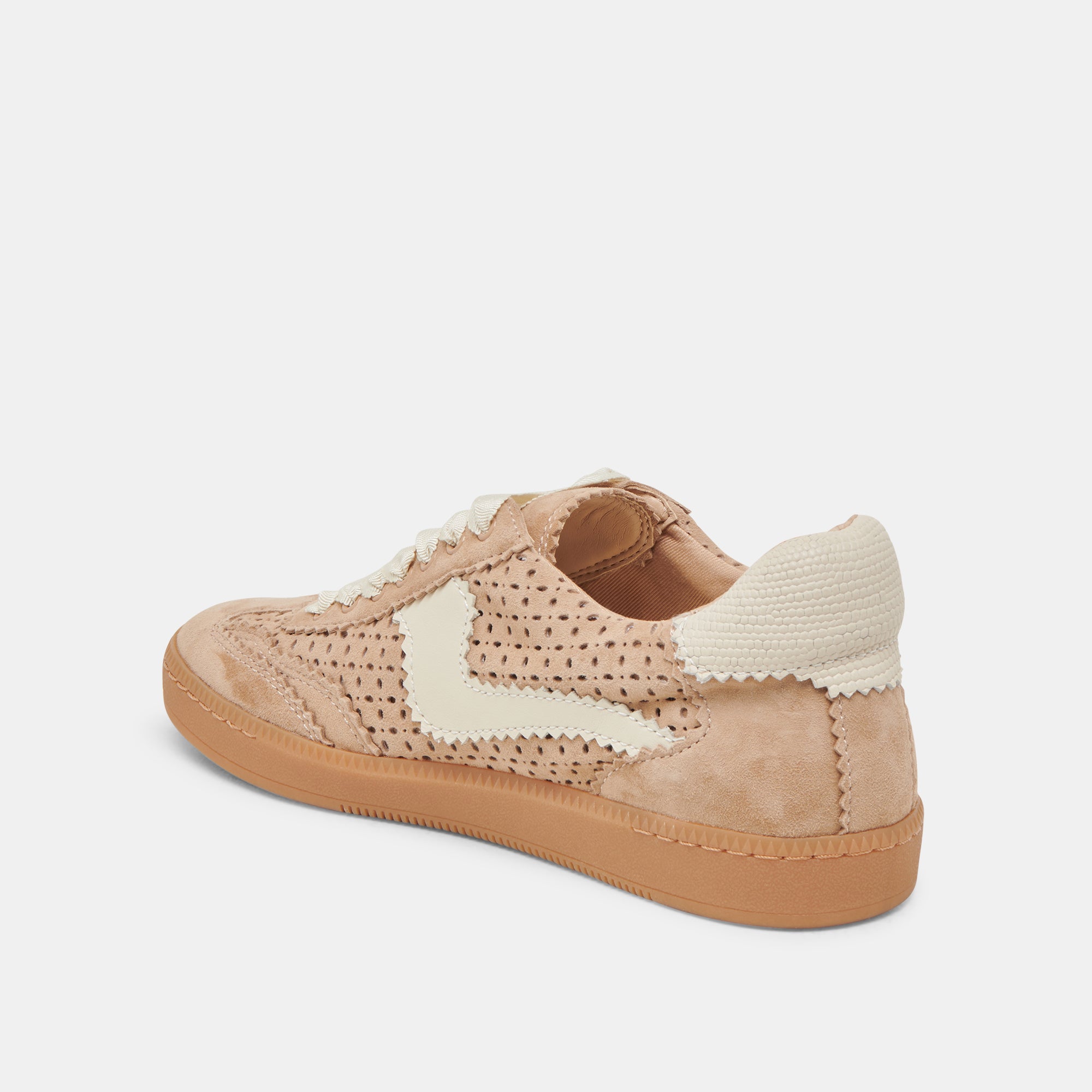 Notice Perforated Eyelet Sneakers in Camel Suede - Comfortable Casual Shoes for Women, Perfect for Walking, Work & Everyday Wear