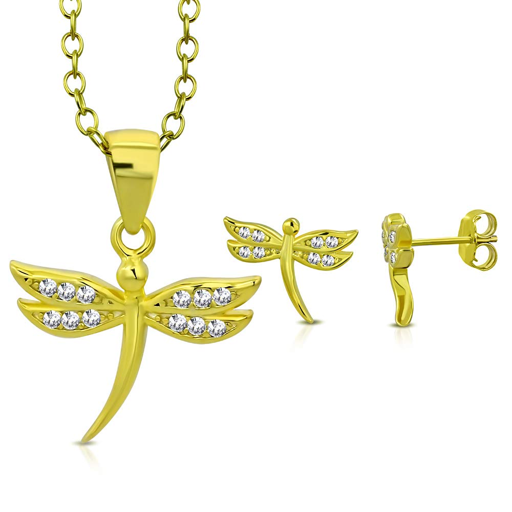 925 Sterling Silver CZ Small Dragonfly Stud Earrings & Pendant Necklace Set - 18