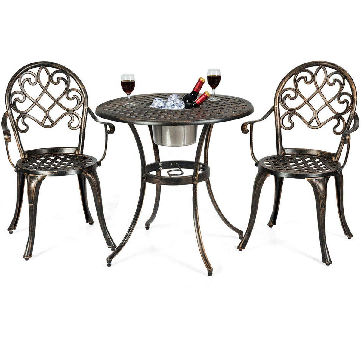 Giantex 3-Piece Outdoor Bistro Set - Cast Aluminum Round Table with Removable Ice Bucket & 2 Chairs - Antique Bronze Patio Furniture - Weather Resistant Garden Dining Set for Backyard, Poolside, and Outdoor Entertaining