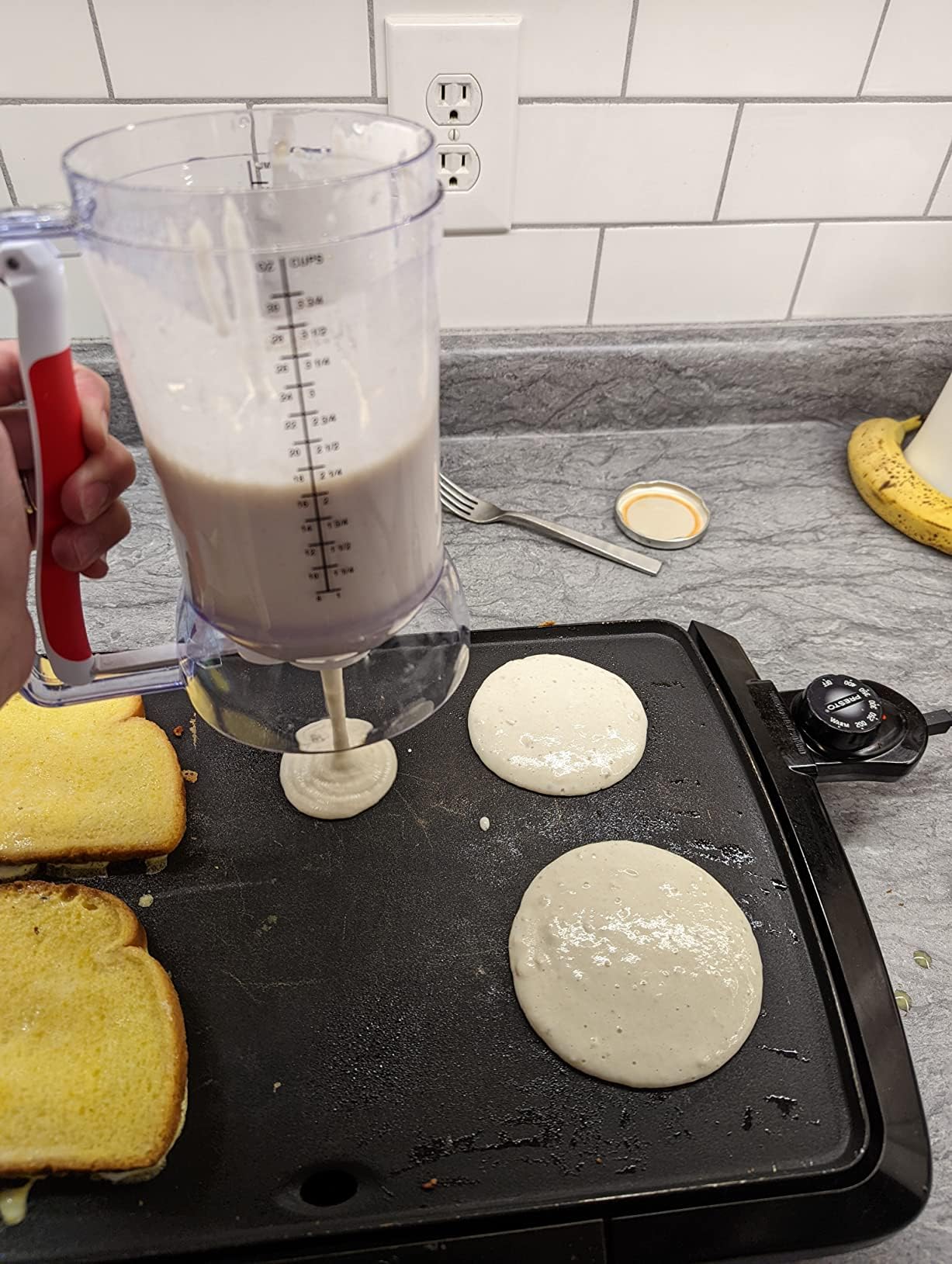 **Waffle Batter Dispenser & Waffle Tongs Set - Perfect Fluffy Waffles Every Time! Pancake, Cupcake, Muffin & Cookie Batter Measuring Tool for Quick Filling - Ideal for Breakfast, Brunch & Baking at Home**