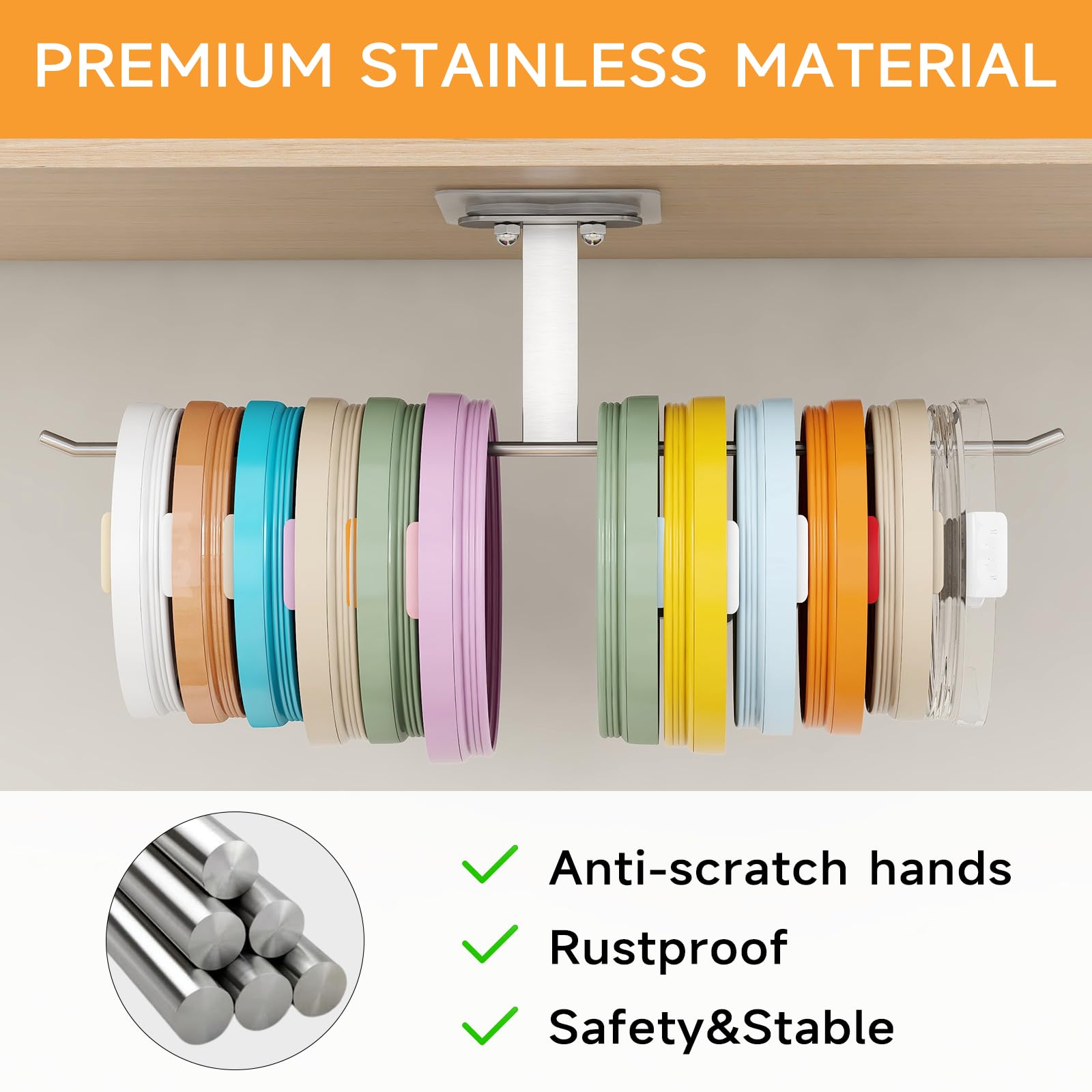 Stainless Steel Tumbler Lid Organizer - Self-Adhesive Under Cabinet Storage Hook Holds 10+ Cup Lids | Perfect for Kitchen Organization & Coffee Bar Accessories