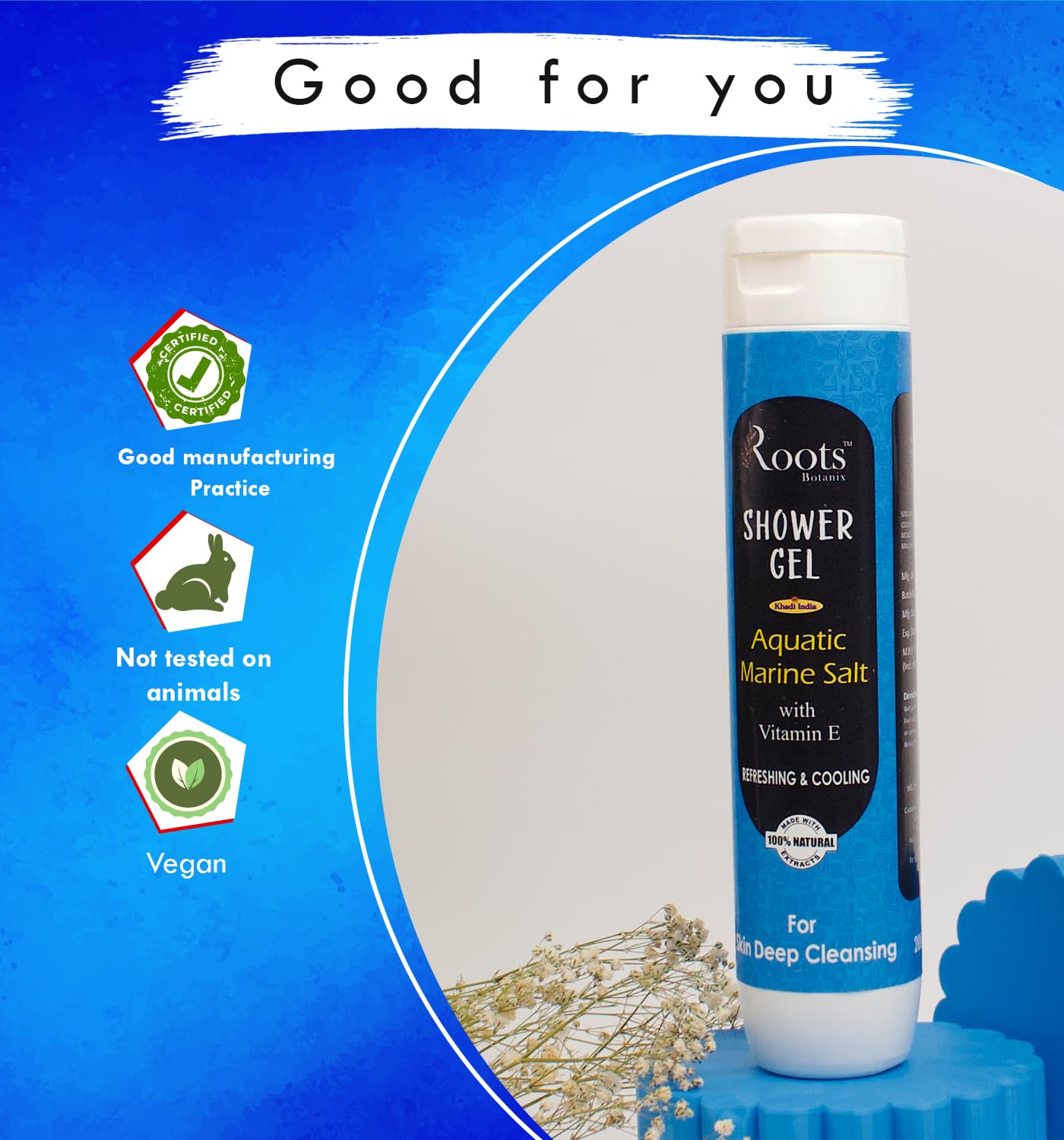 Roots Botanix Vitamin E Marine Salt Bath & Shower Gel - Hydrating Body Wash with Aquatic Freshness - 400ml for Relaxing Spa & Post-Workout Refreshment