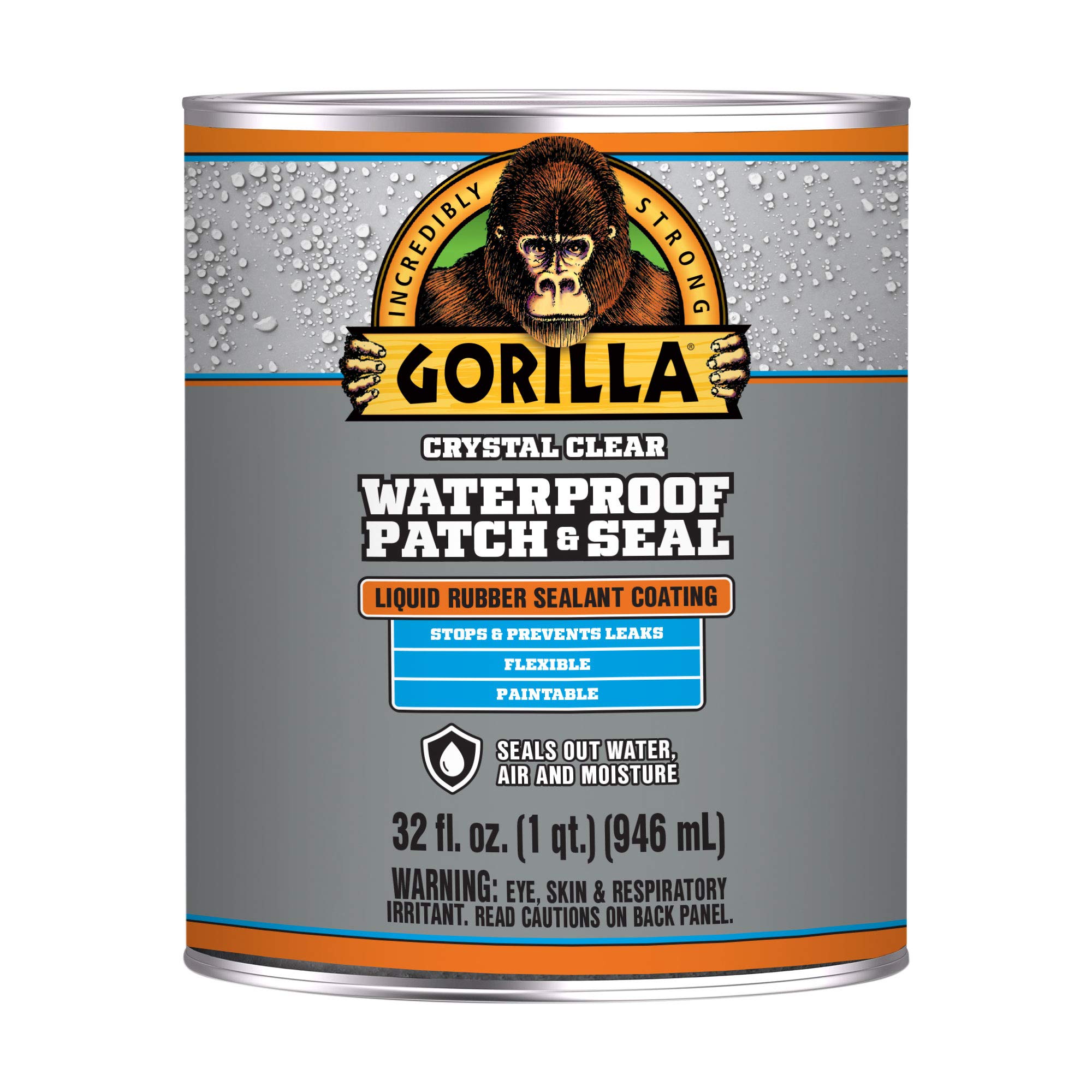 Gorilla Waterproof Patch & Seal Liquid Rubber Sealant - Crystal Clear, 32oz (4-Pack Bulk) - Ideal for Roof Repairs, Plumbing Leaks, Gutters & DIY Home Projects