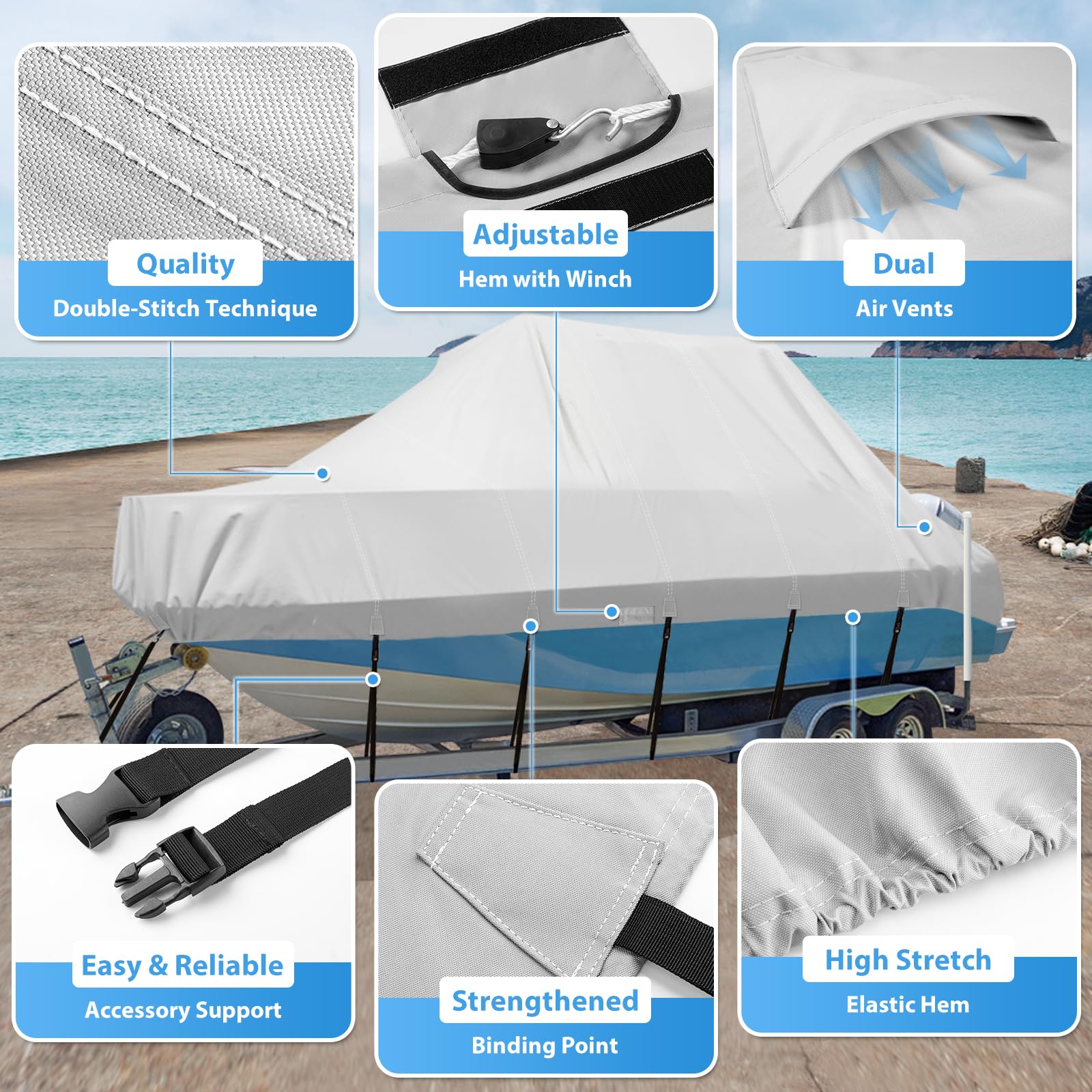 Solim Heavy Duty 900D Waterproof Boat Cover for 22'-24' Center Console Boats with T-Top - UV Resistant Marine Grade Canvas Storage Cover with Straps | Perfect for Boat Storage, Trailering & Outdoor Protection