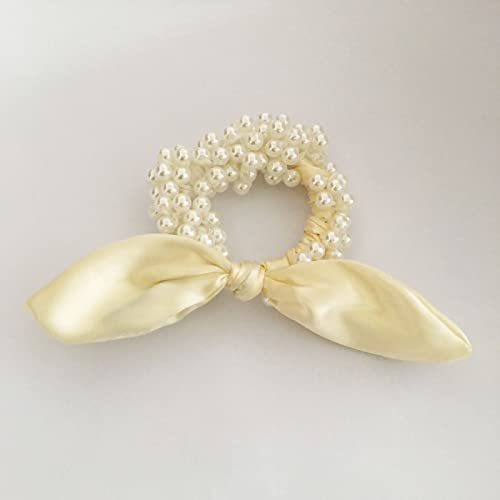 Elegant Pearl Hair Bands for Women & Girls - Cream Bunny Ears Hair Ties with White Plastic Pearls, Stylish Ponytail Holders & Bow Clips - Perfect for School, Parties, Weddings & Everyday Hairstyles