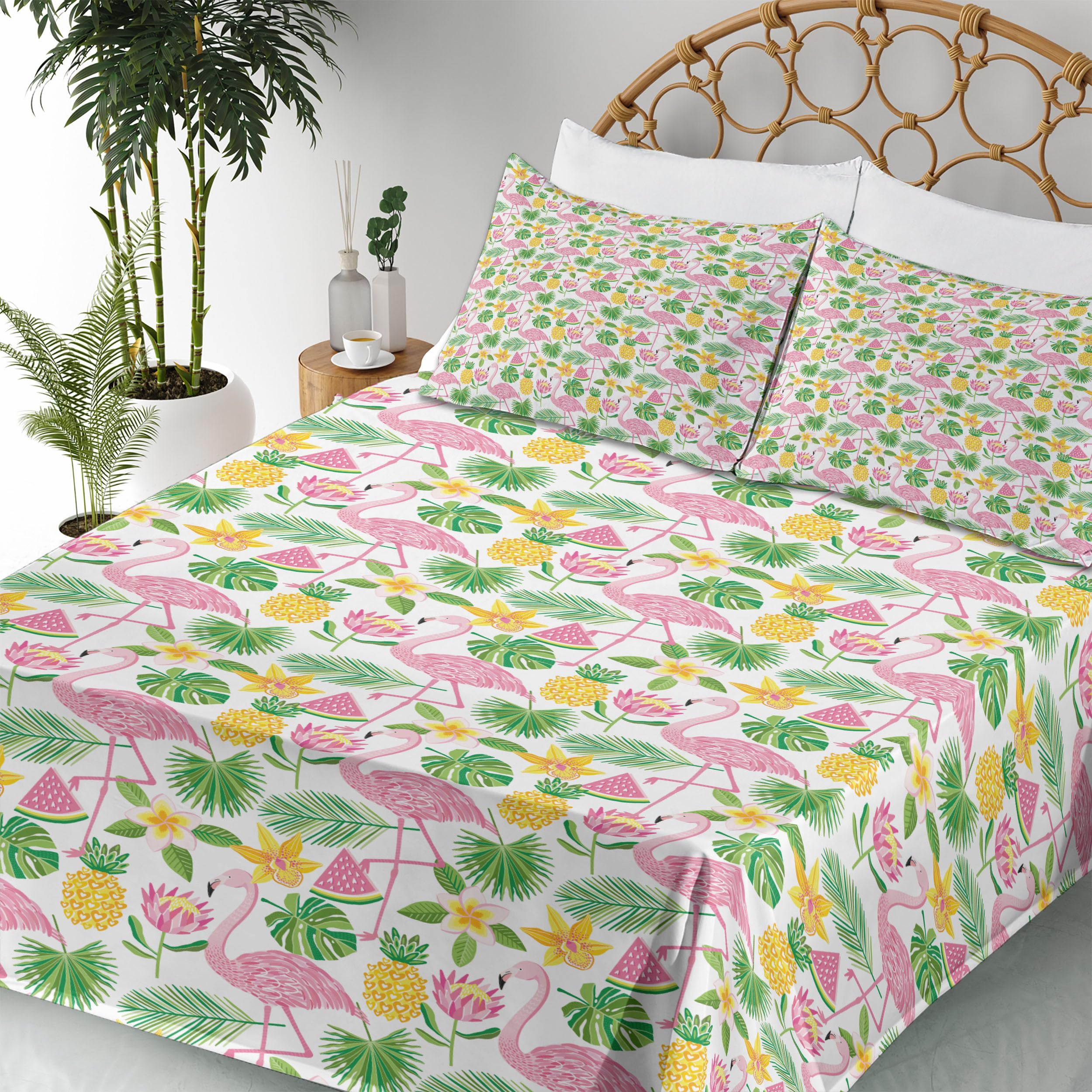Ambesonne Exotic Flamingo Watermelon Pineapple Tropical Print 4-Piece King Sheet Set - Pink Green Mustard Bedding for Beach House, Summer Decor & Boho Chic Bedroom
