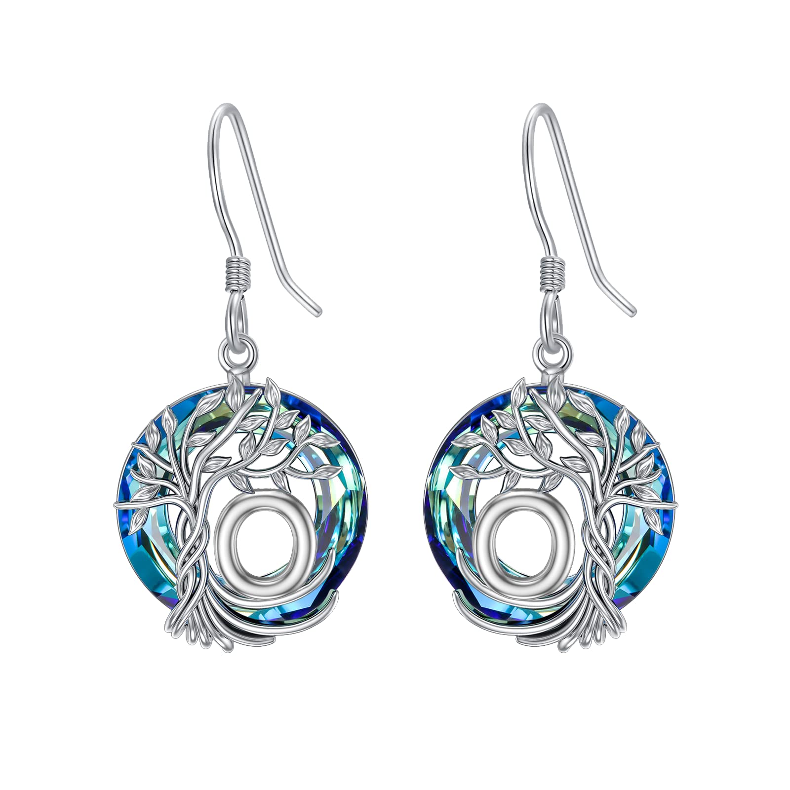 TOUPOP Tree of Life Initial Earrings 925 Sterling Silver A-Z Letter Drop Dangle Earrings with Blue Circle Crystal - Valentine's Day, Anniversary, Birthday Gifts for Women, Her, Girlfriend, Mom - Perfect for Romantic Occasions, Date Nights and Special Celebrations