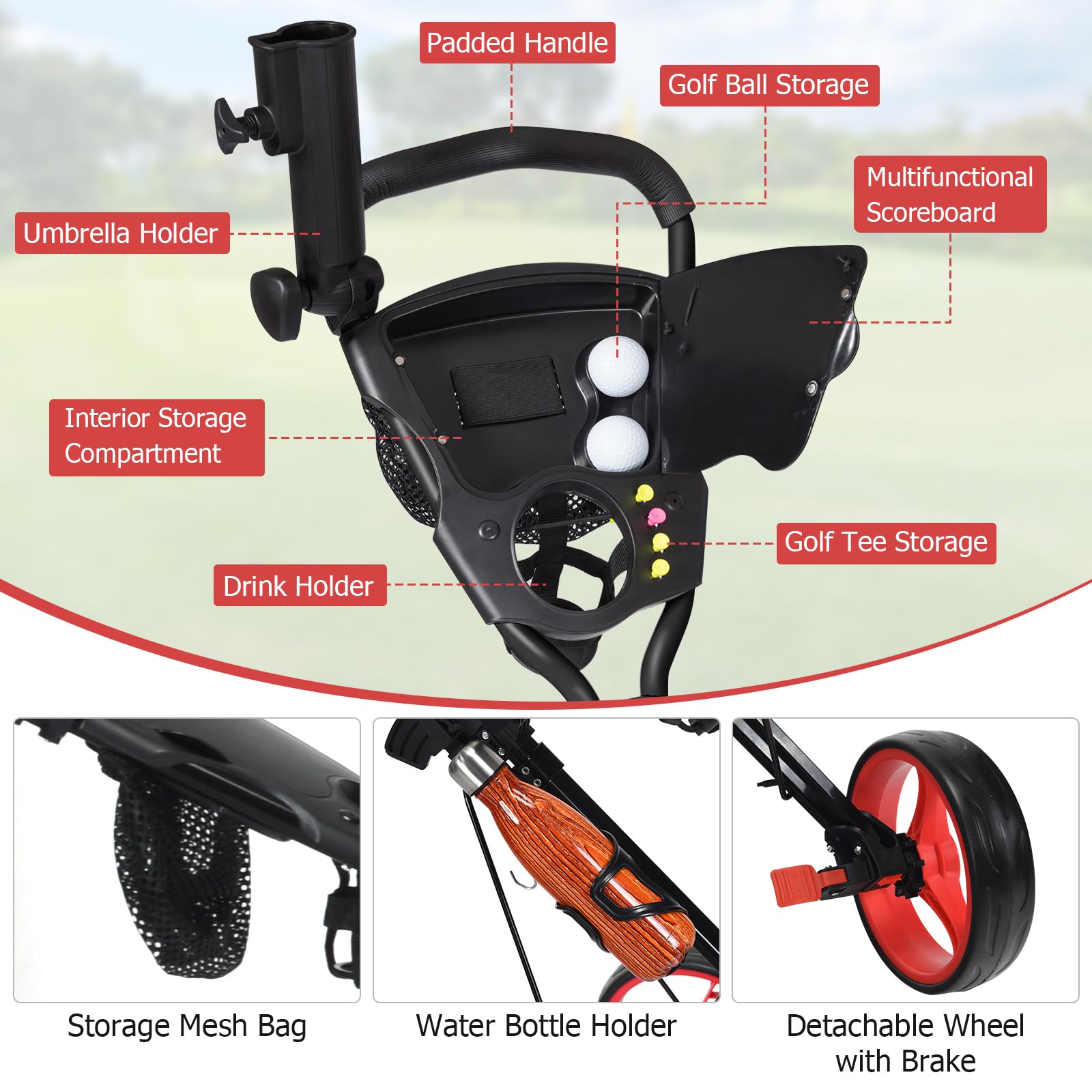 **Tangkula 3-Wheel Golf Push Pull Cart with Seat - Lightweight Foldable Golf Trolley with Foot Brake, Adjustable Umbrella Holder & 4 Height Positions | Perfect for Golf Courses, Driving Ranges & Outdoor Practice**
