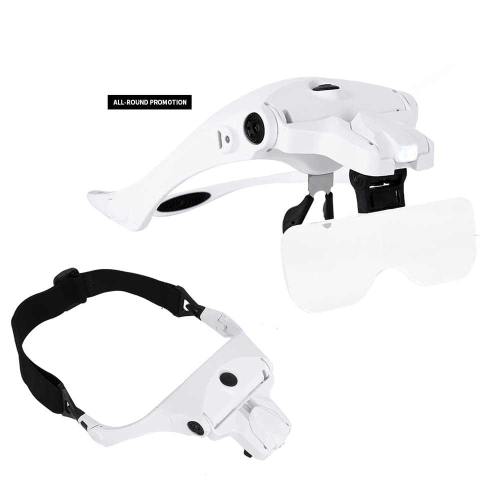 Rechargeable LED Headband Magnifier Glasses - 5 Interchangeable Lenses (1.5X, 2.0X, 2.5X, 3.5X) with Bright Light for Jewelry Making, Watch Repair & Crafts