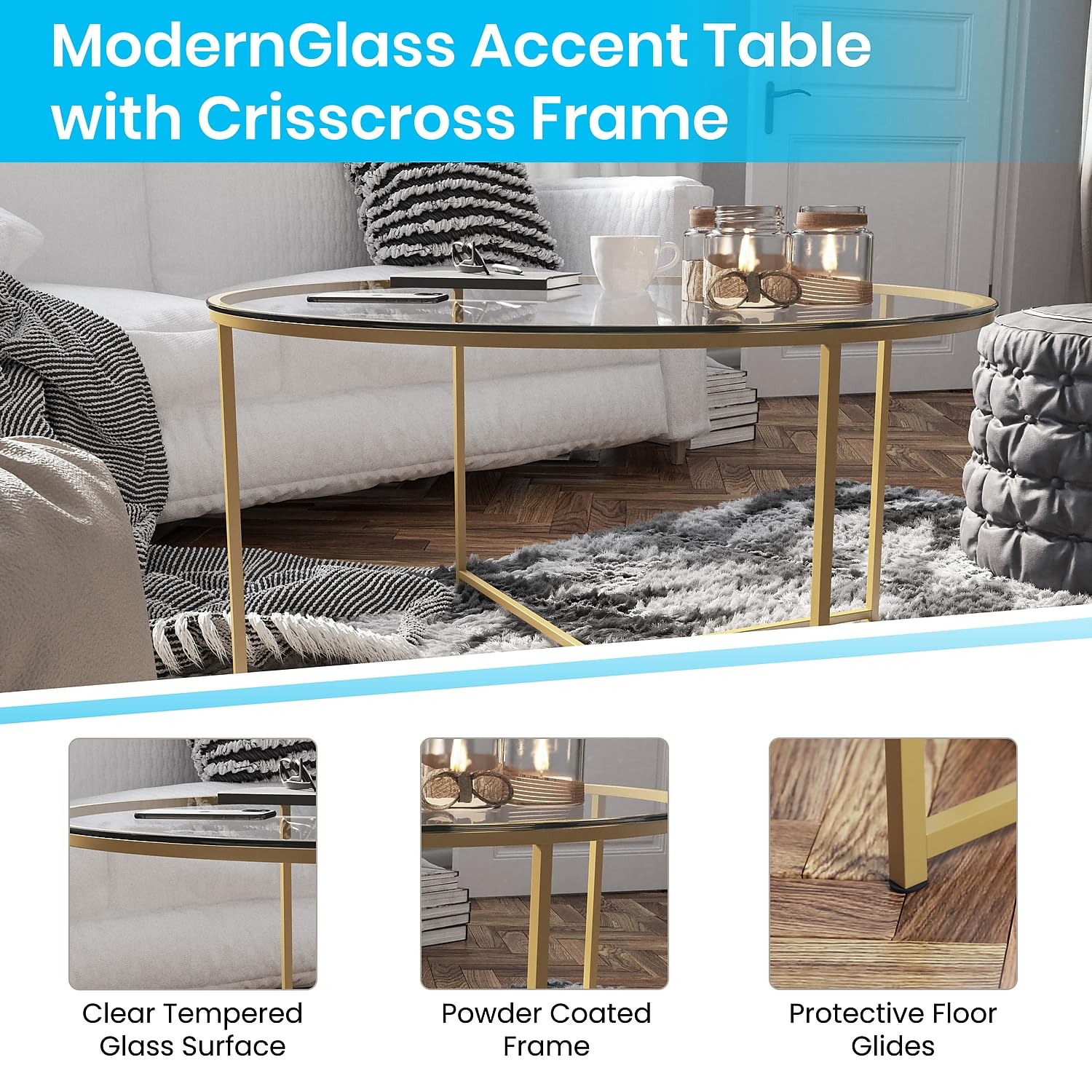 Flash Furniture Greenwich Collection Modern Glass Coffee Table with Brushed Gold Crisscross Frame - Stylish Living Room Centerpiece for Home Decor