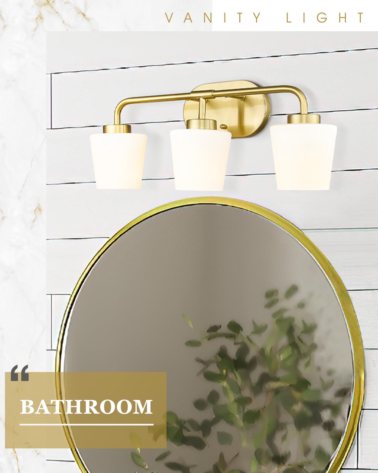 Brushed Gold Bathroom Vanity Light - Farmhouse Brass Wall Sconce with Milk White Glass Shades, 3-Light Champagne Bronze Fixture for Mirror Lighting (AD-22004-3W-GD) - Perfect for Bathroom, Powder Room, and Farmhouse Decor