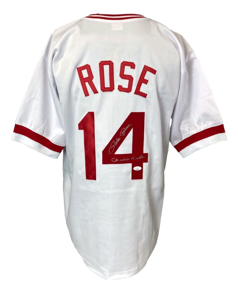 Pete Rose Cincinnati Reds Autographed White Baseball Jersey - Charlie Hustle JSA Certified Hologram - Perfect for Collectors, Sports Memorabilia Display & Baseball Fan Gifts
