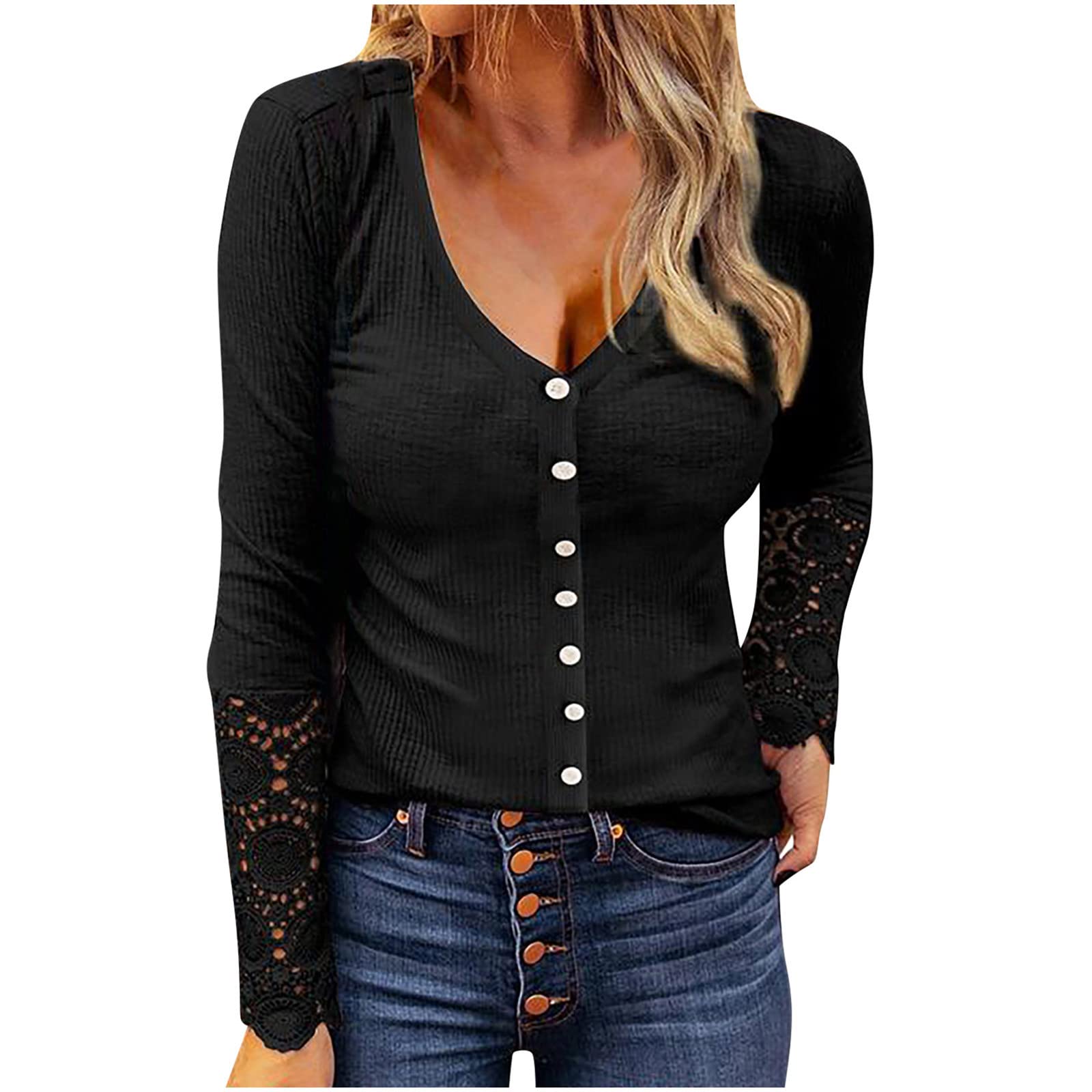 Trendy Fall Tops for Women - V Neck Waffle Knit Henley Long Sleeve Pullover with Lace Patchwork & Button Up Design | Casual Blouse for Work, Date Night & Autumn Outings