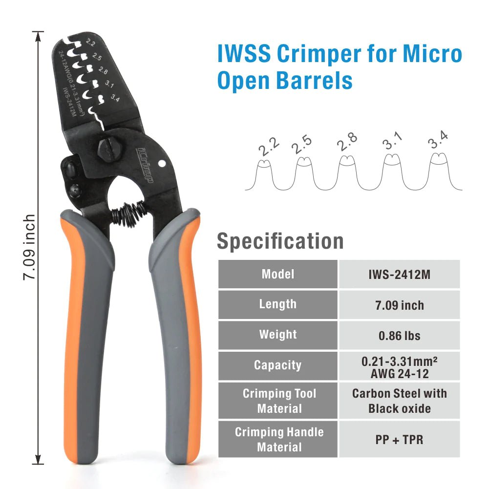 IWS 2412M Open Barrel Crimping Tool for AWG24-12 Terminals - Compatible with JAM, Molex, Tyco & JST Connectors - Perfect for Electrical Wiring, Automotive Repairs & DIY Electronics Projects