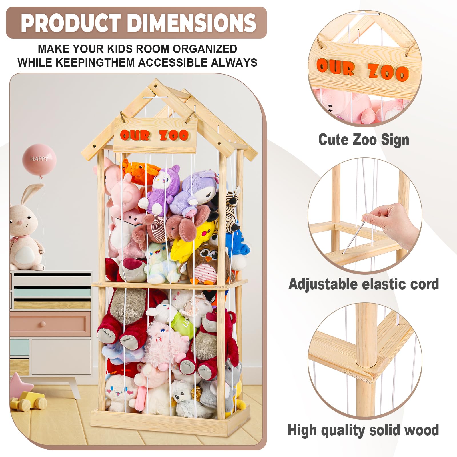 Soft Toy Storage Organizer - Wooden Stuffed Animal Zoo Cage for Nursery & Playroom | Plush Toy Holder for Kids' Room Organization | Perfect for Stuffed Animal Display & Playroom Storage