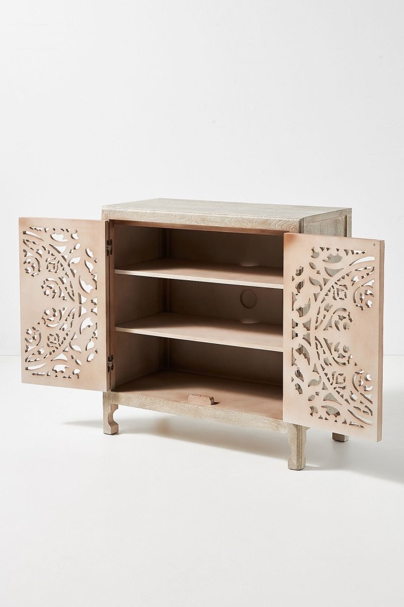 Hand Carved Lombok Entryway Cabinet - Solid Wood Kitchen Storage Unit with 3 Drawers & Shelves | Perfect for Hallway, Living Room & Dining Room Organization