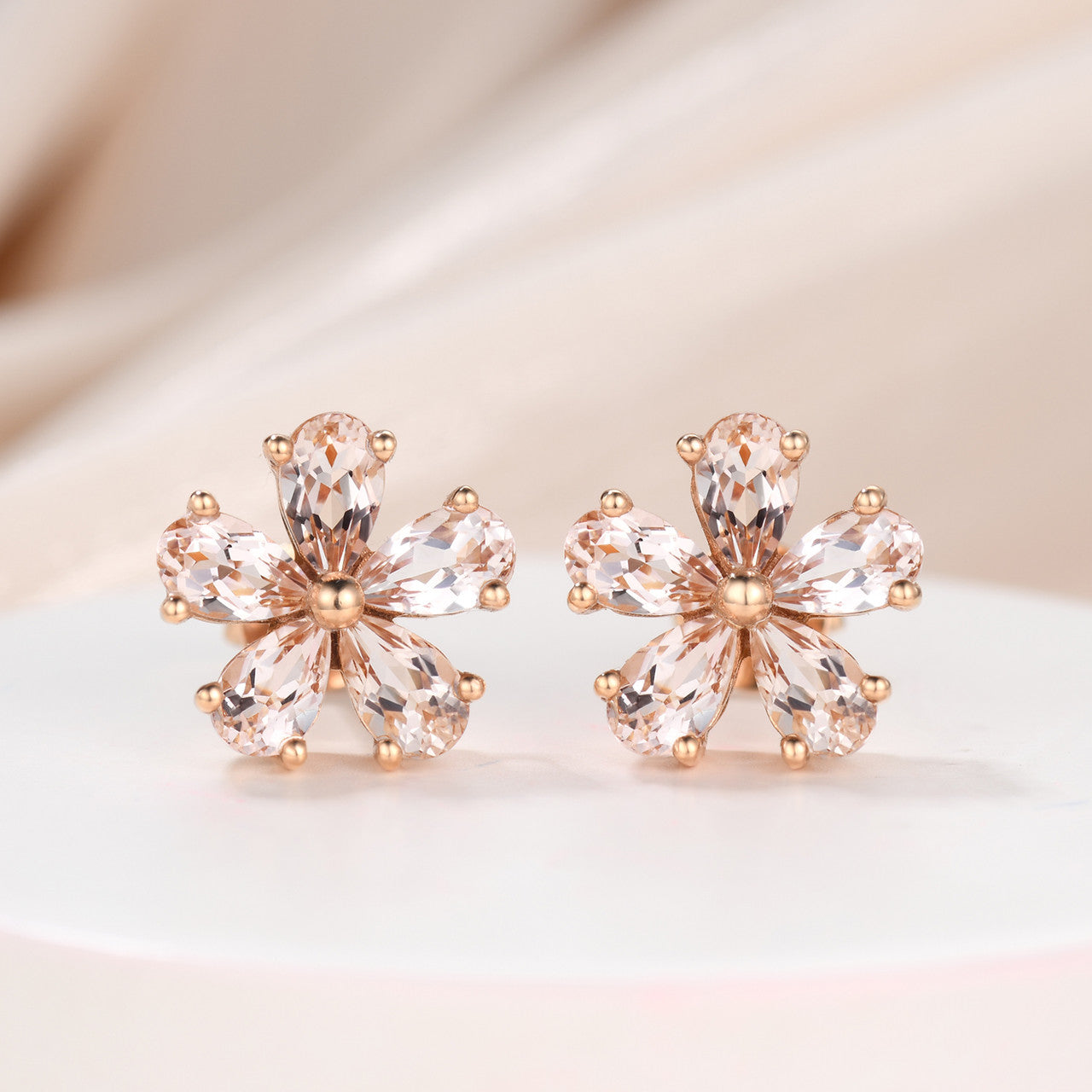 5 Petal Pear Cut Natural Morganite Stud Earrings in Sterling Silver - Dainty Prong Setting for Women, Perfect for Weddings, Parties & Everyday Elegance