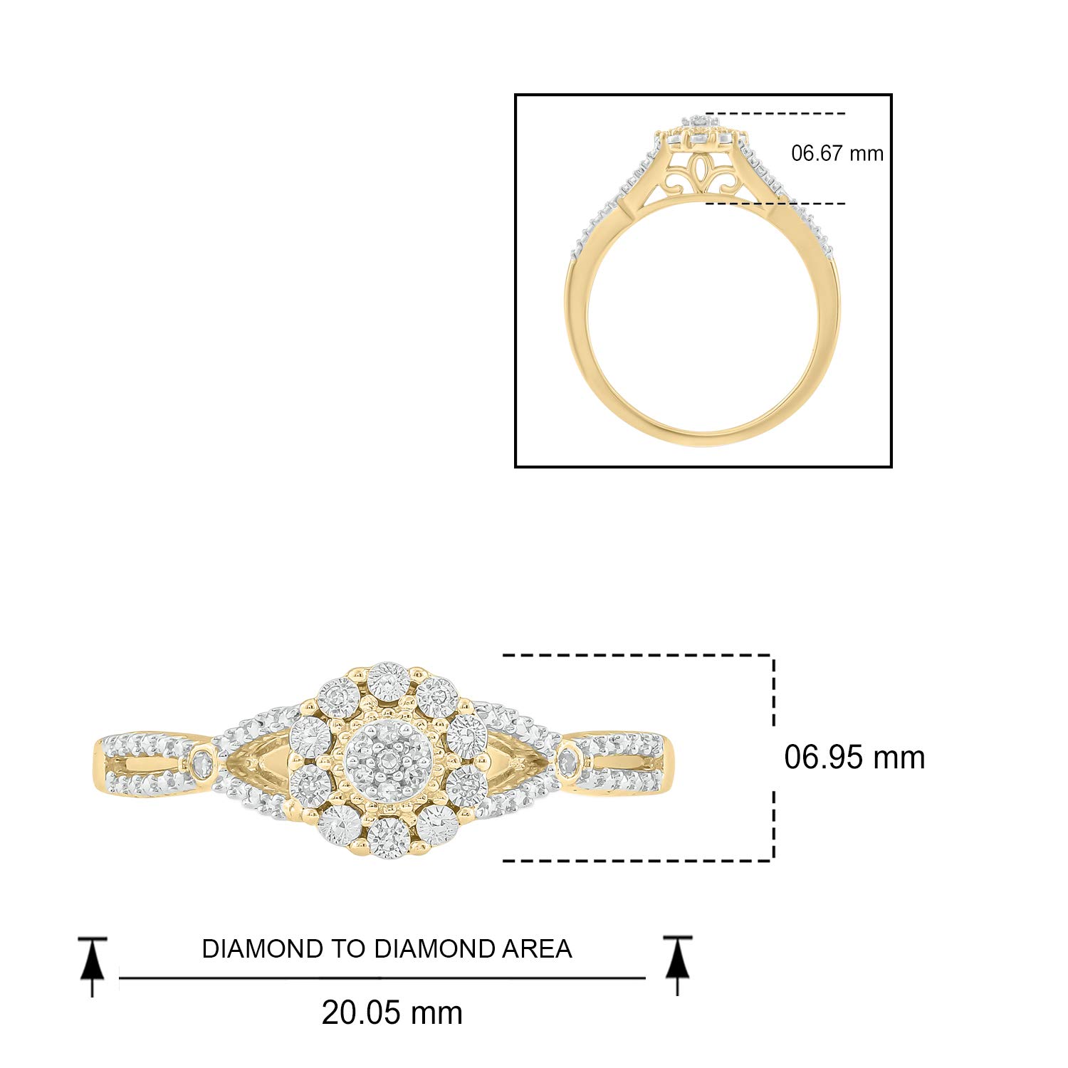 1/20cttw Diamond Cluster Promise Ring for Women - 925 Sterling Silver, Yellow Gold-Plated or Rose Gold-Plated - Round White Diamond Halo Floral Engagement Ring - Perfect for Anniversaries, Proposals & Special Occasions