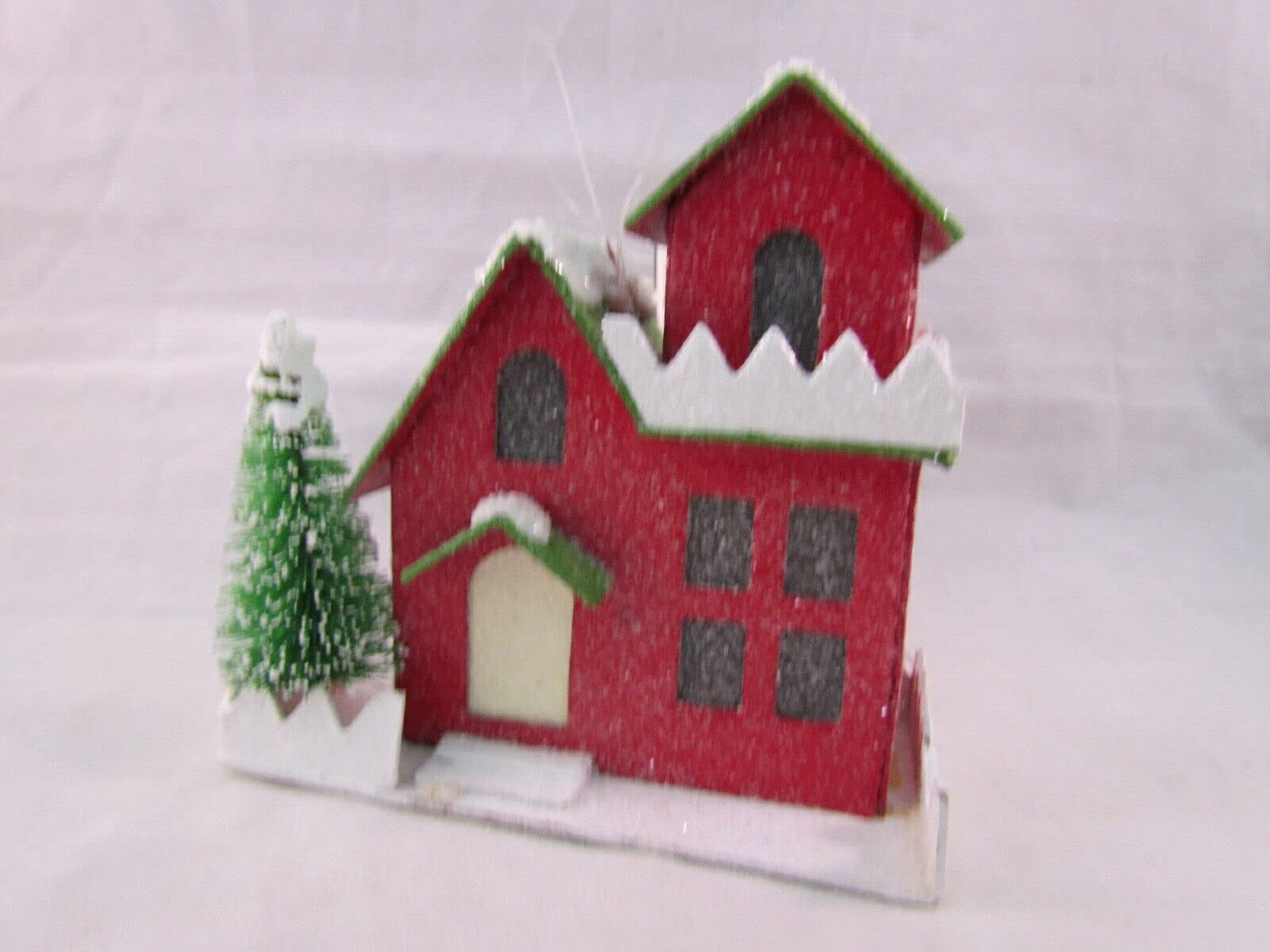 Putz Style Red Paper House Ornament with Green Bottle Brush Tree - Vintage Christmas Village Decor for Home, Garden & Holiday Displays