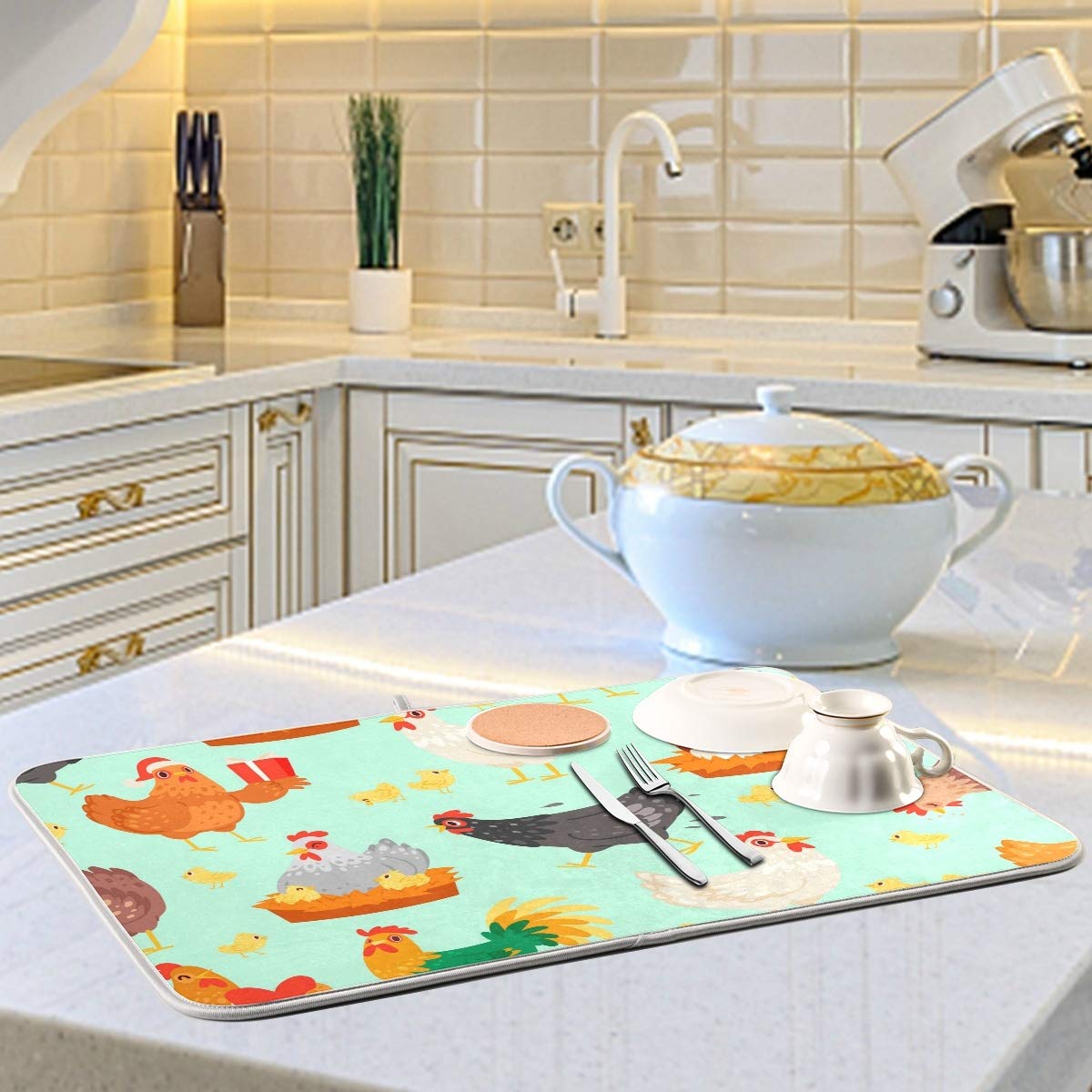 Microfiber Dish Drying Mat 16x18 Inch - Absorbent Chicken Design for Kitchen Counter - Perfect for Dishes & Utensils
