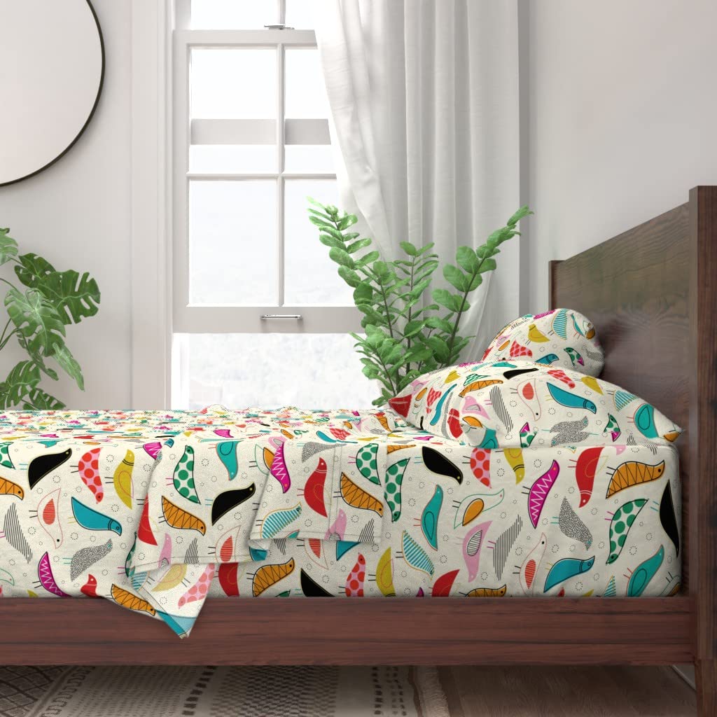 Mod Rainbow Bird Print 100% Cotton Twin 3-Piece Sheet Set | Scandinavian Nursery Bedding | Gender Neutral Yellow Midcentury Design | Perfect for Baby Rooms & Boho Chic Bedrooms