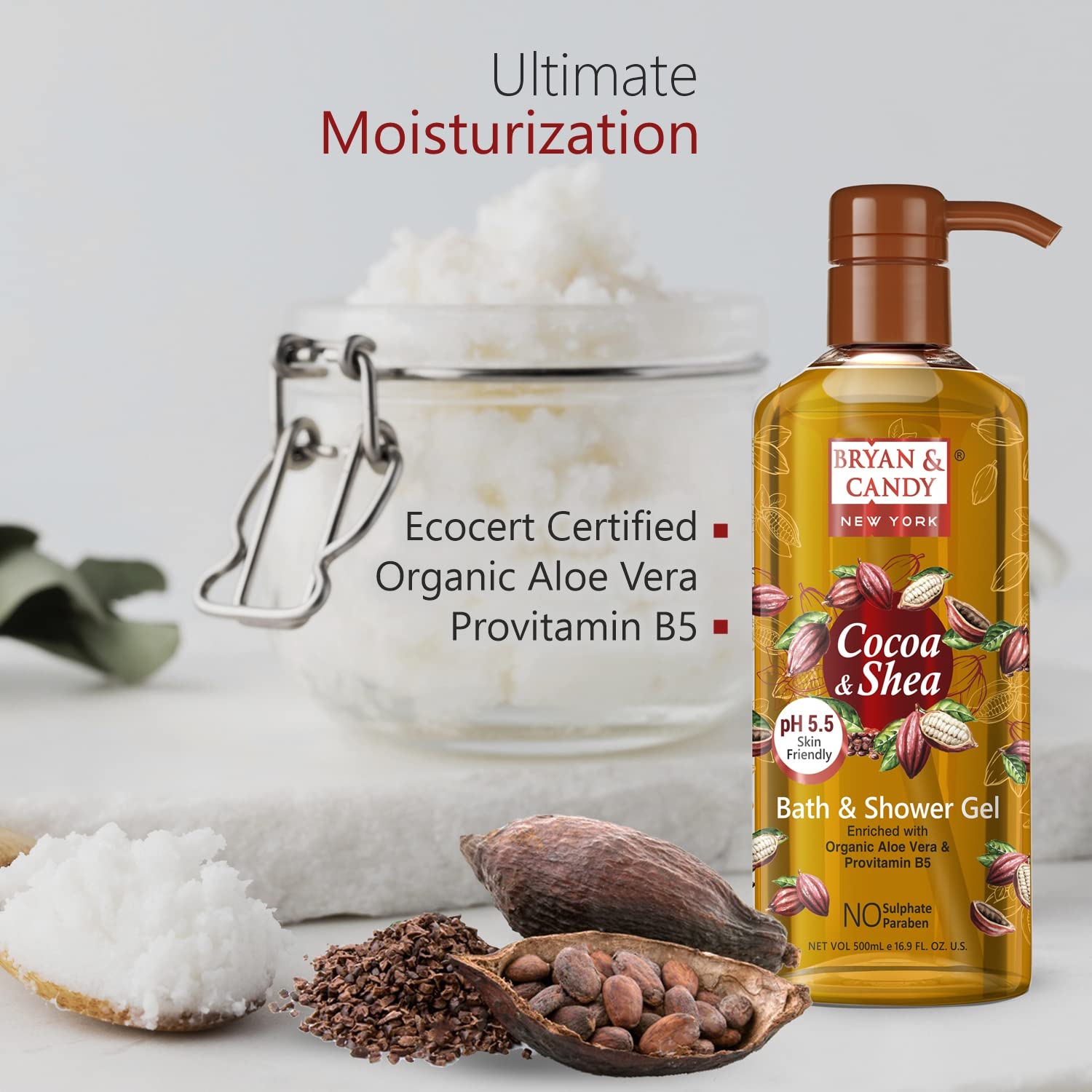 Bryan & Candy Aloe Vera Shower Gel - Gentle Moisturizing Body Wash for Soft, Supple Skin - Cocoa Shea Scented (500ml) | Perfect for Daily Hydration & Relaxing Bath Time
