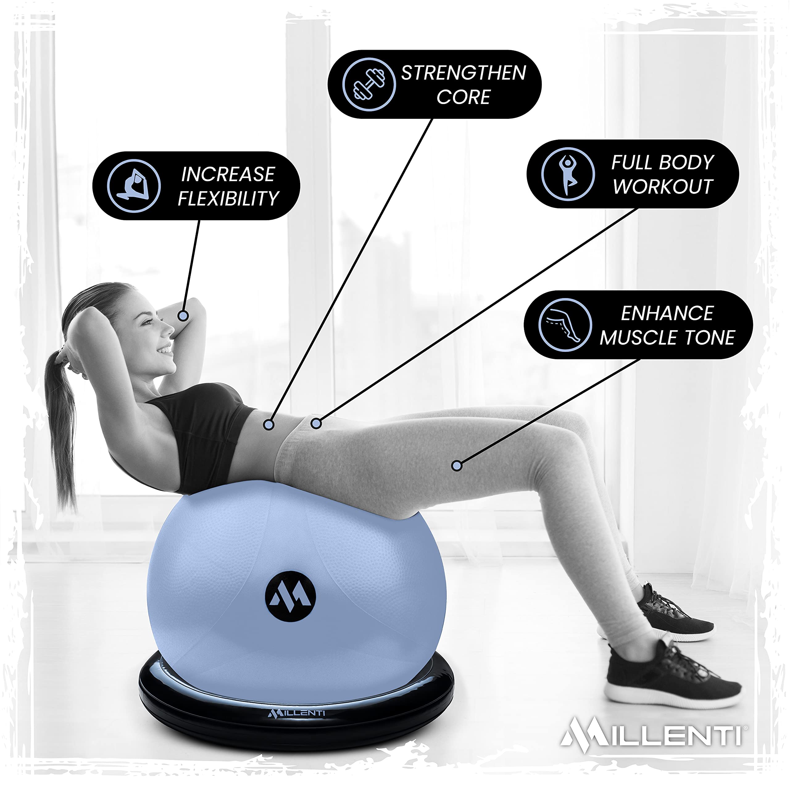 Millenti 65cm Exercise Ball Chair with Stability Base Ring Kit & Resistance Bands - Yoga, Pilates, Home Gym, Office Chair, Pregnancy Birthing Ball - Includes Workout Chart - Perfect for Home Fitness, Office Ergonomics, Prenatal Yoga and Postpartum Recovery