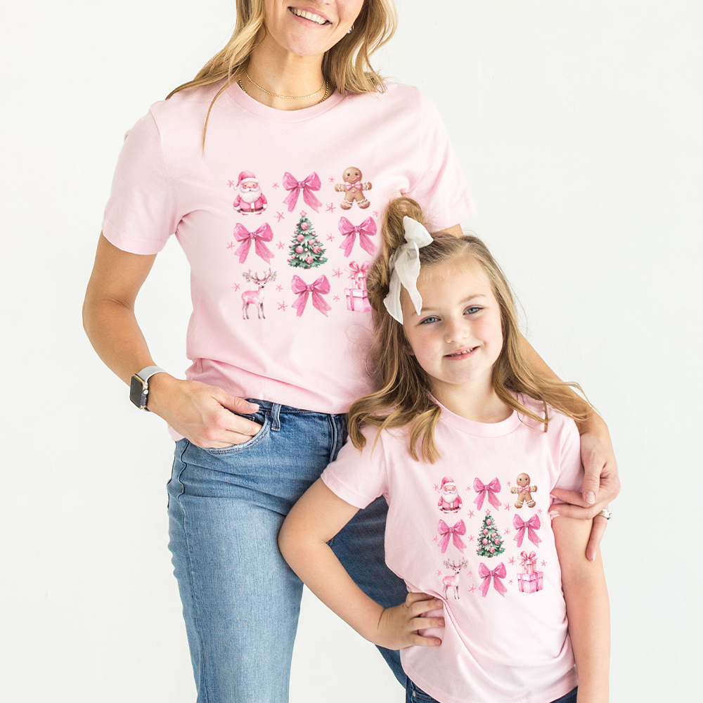 Coquette Christmas Icons Matching T-Shirts for Mom and Kids - Perfect for Family Holiday Photos & Festive Outfits