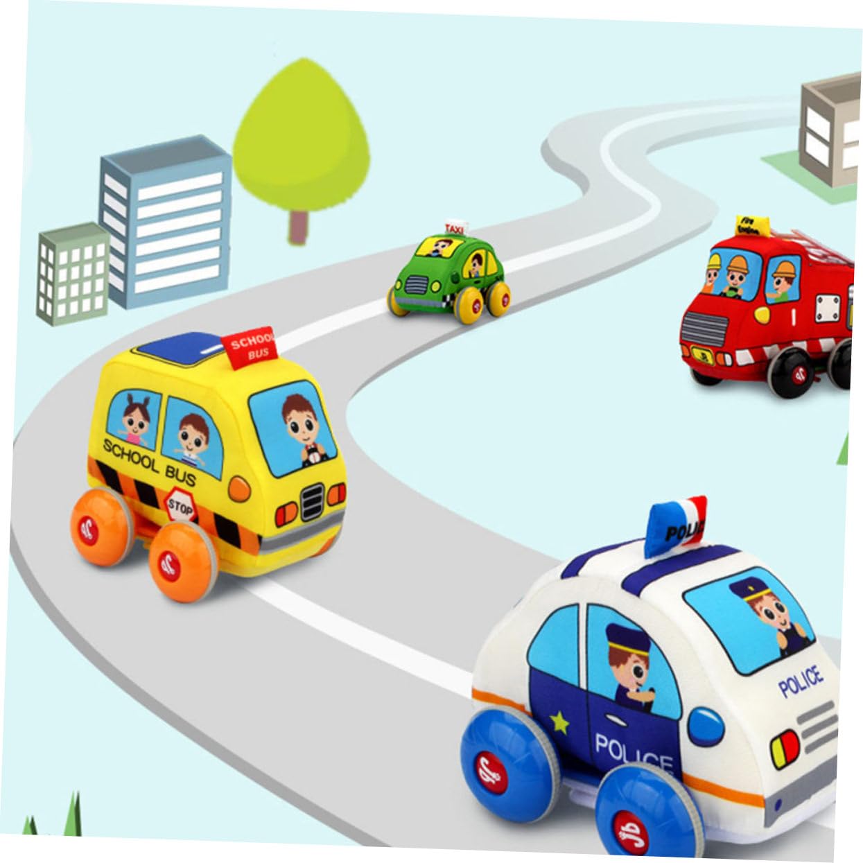 Vaguelly 4-Piece Fabric Pull-Along Cartoon Vehicle Toy Set for Toddlers - Early Learning Car Toys with Fraction Design - Perfect for Playtime, Cognitive Development & Road Trip Entertainment