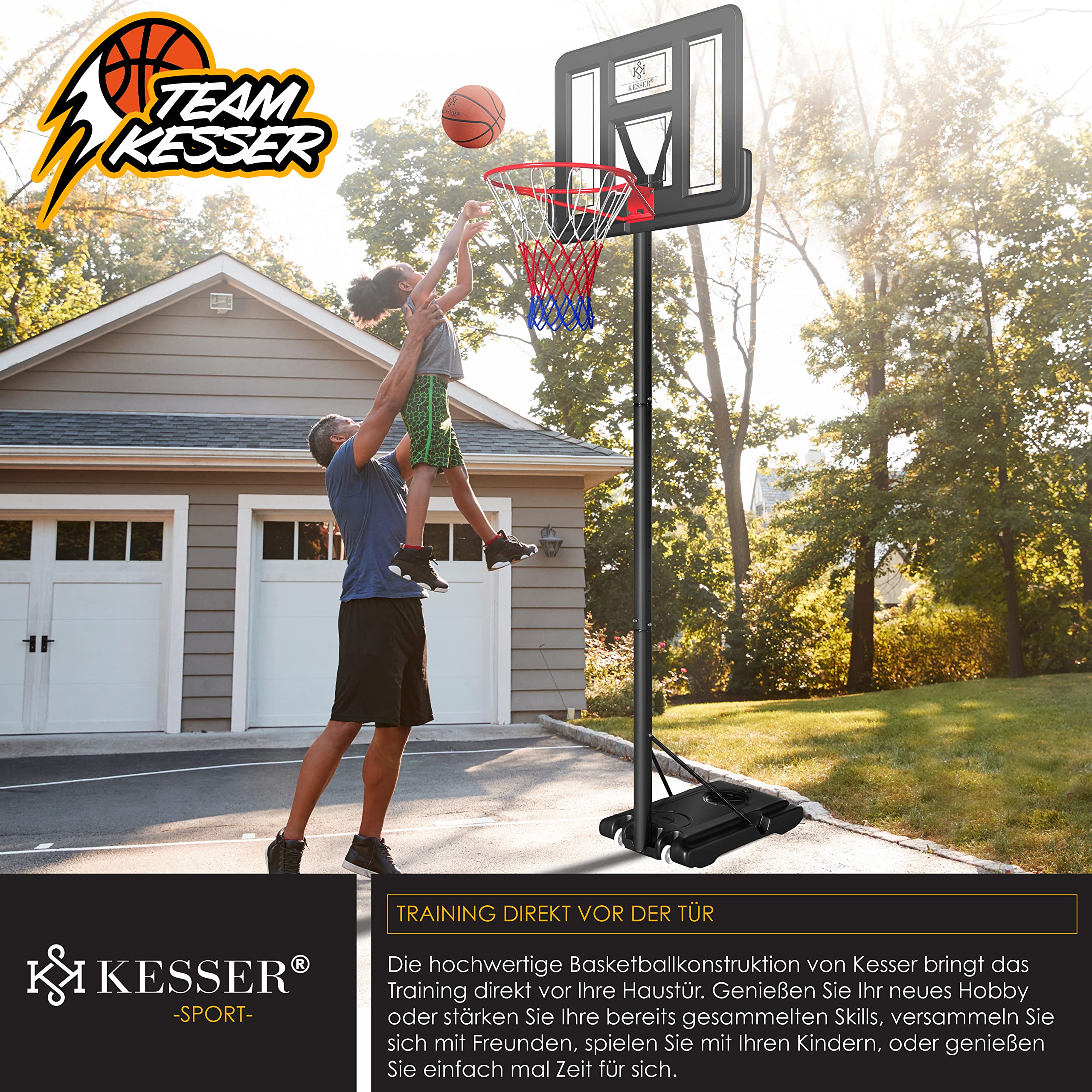 Premium KESSER® Adjustable Basketball Hoop with Stand & Wheels - 7.5ft to 10ft Height Adjustment - Includes Basketball & Air Pump - Indoor/Outdoor Basketball Goal System for Kids & Adults - Perfect for Driveway, Backyard & Gym Training