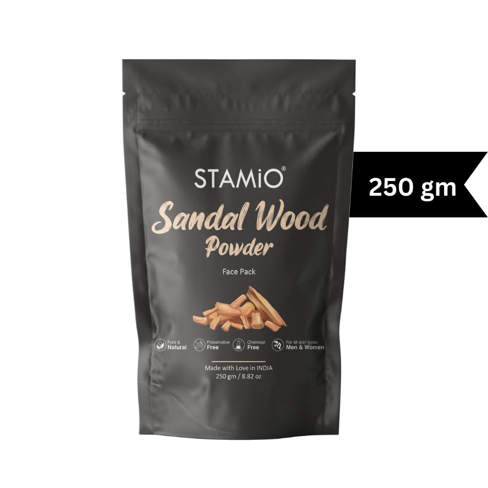 STAMIO Sandalwood Face Pack Powder 250gm for Sun Tan Removal, Glowing Skin, Acne Treatment & Dark Spot Reduction | Natural Santalum Album Chandan Mask for Face & Body | 8.82oz Pouch | Perfect for Daily Skincare & Spa Treatments